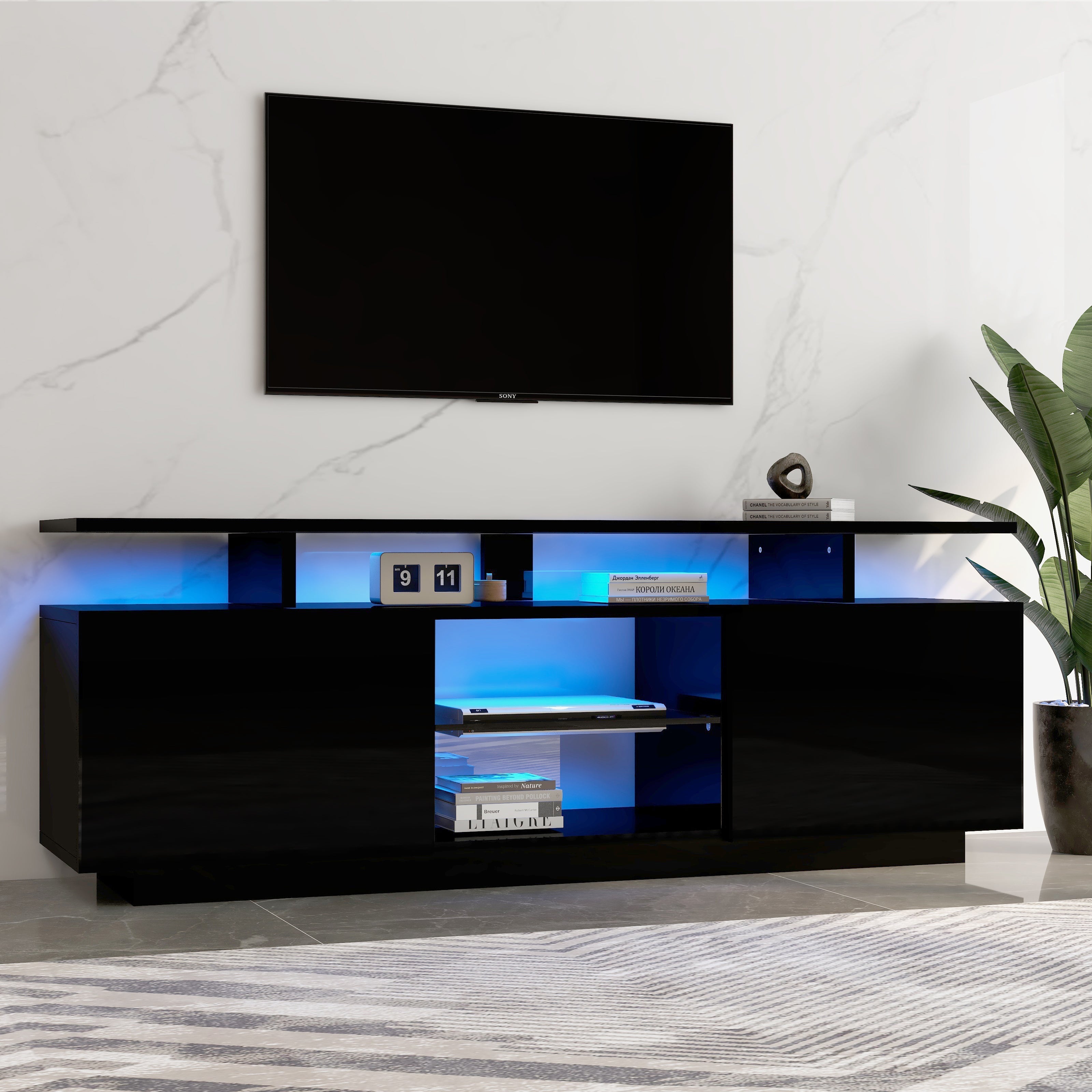 TV Cabinet 140cm 16-Color LED High-Gloss Glass Storage - Black
