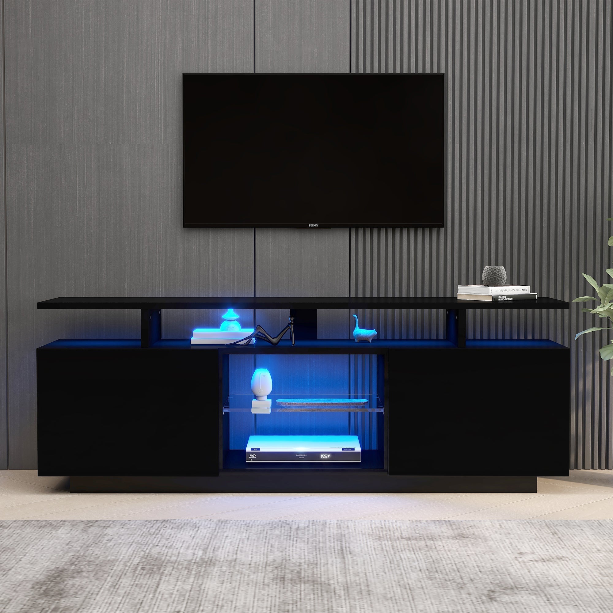 TV Cabinet 140cm 16-Color LED High-Gloss Glass Storage - Black