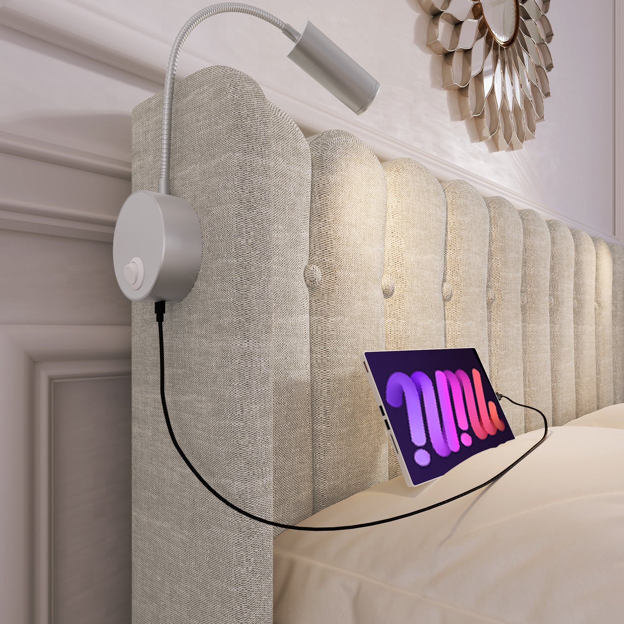 Upholstered Bed Double Bed with Reading Light, Charging, Storage, 140x200, Linen Material, Natural