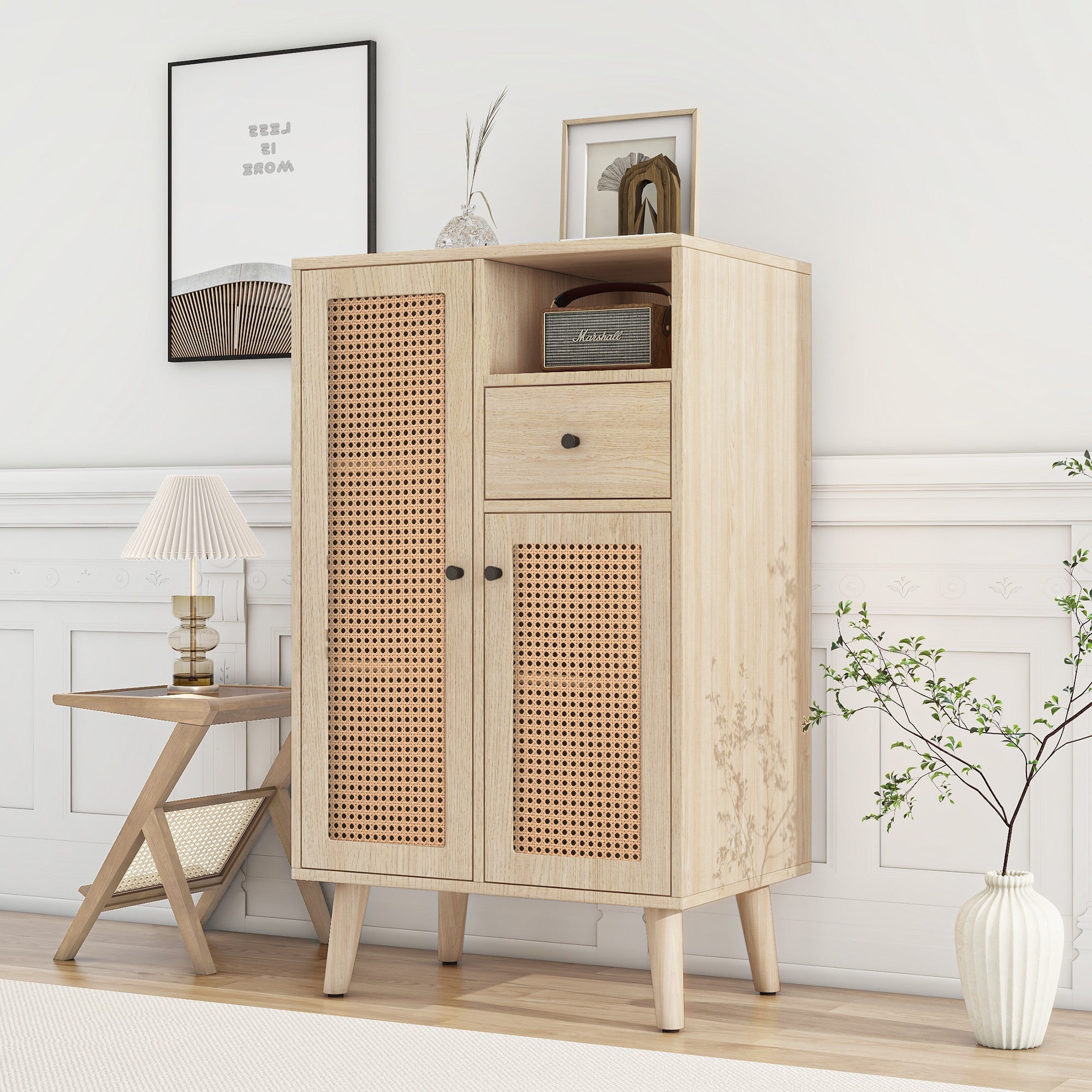 Sideboard, 2 rattan doors, 1 drawer, large storage, wood look