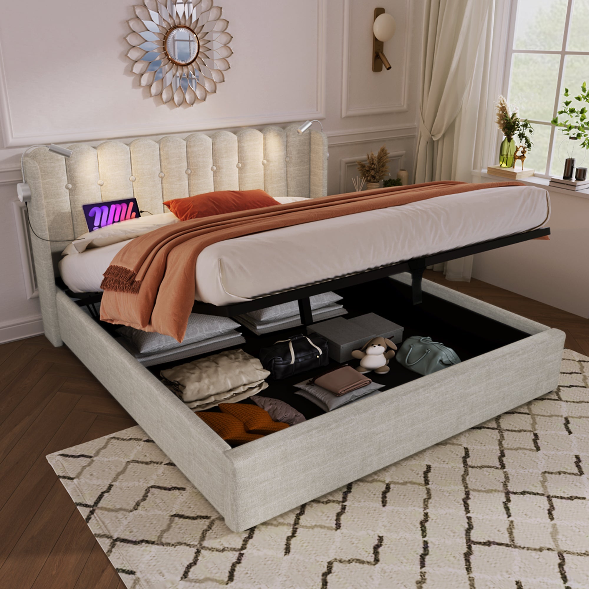 Upholstered Bed, Double with Reading Light, Charging, Headboard Storage, 160x200, Natural Linen