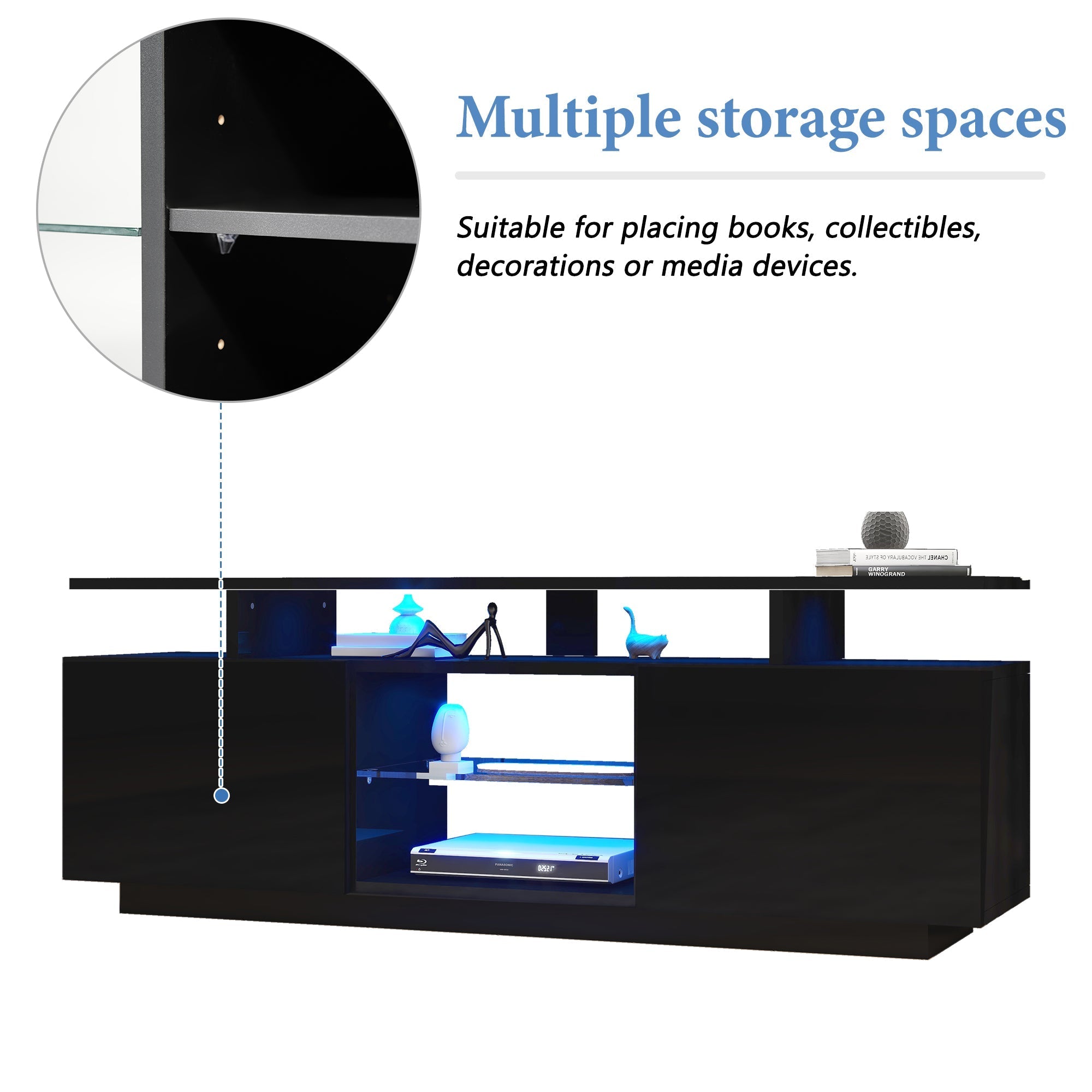 TV Cabinet 140cm 16-Color LED High-Gloss Glass Storage - Black