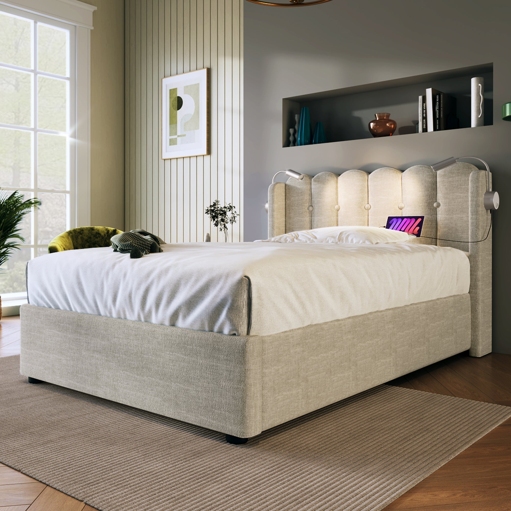 Upholstered Bed, Single with Reading Light & Charging Headboard, Natural Linen
