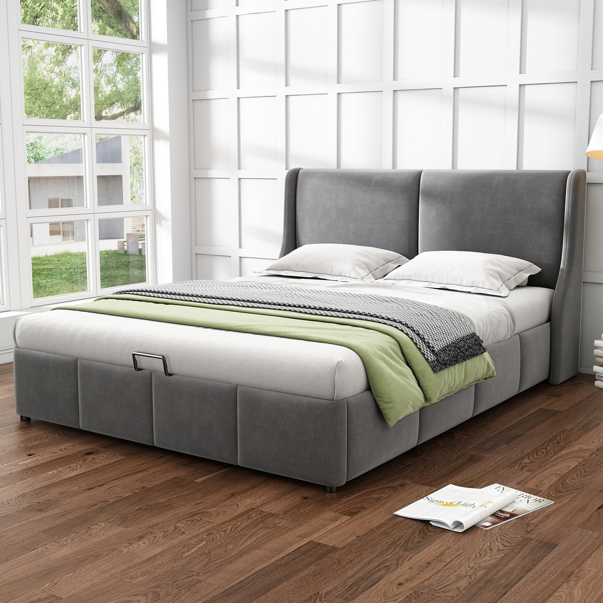 Upholstered Double Bed 180x200 Hydraulic Storage Ear-Shape Headboard - Grey