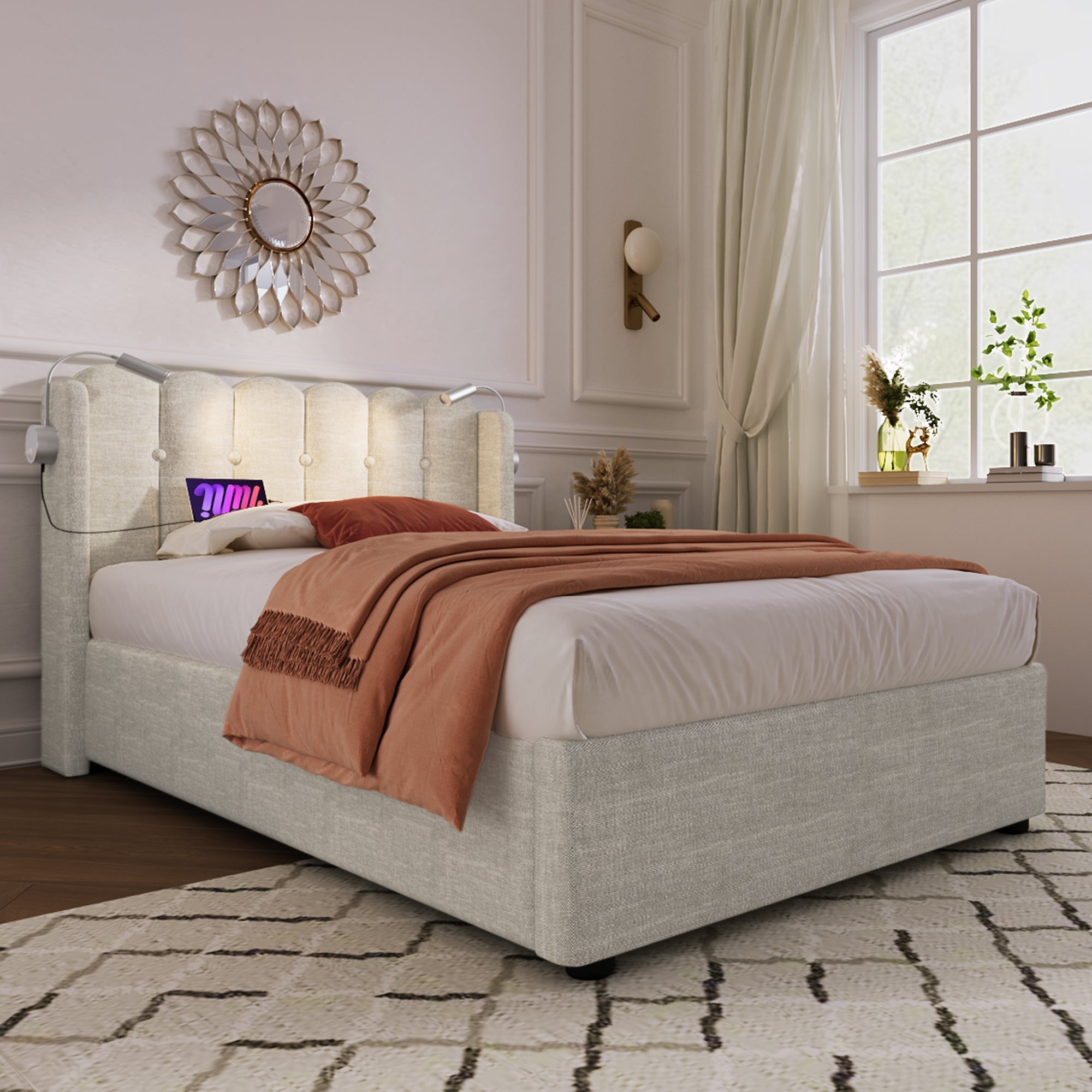 Upholstered Bed, Single with Reading Light & Charging Headboard, Natural Linen
