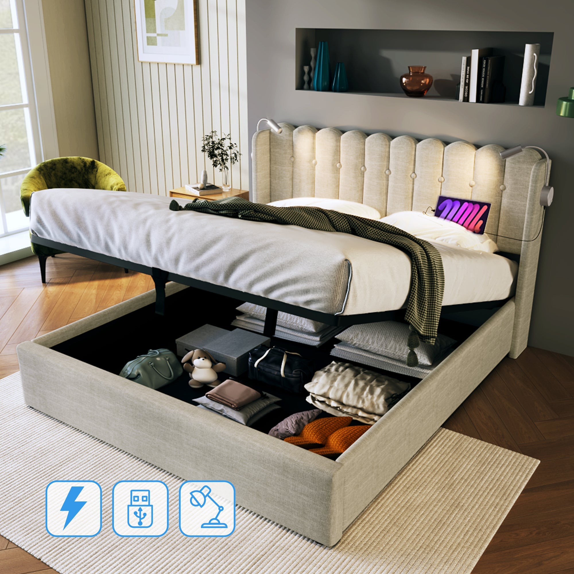 Upholstered Bed, Double with Reading Light, Charging, Headboard Storage, 160x200, Natural Linen