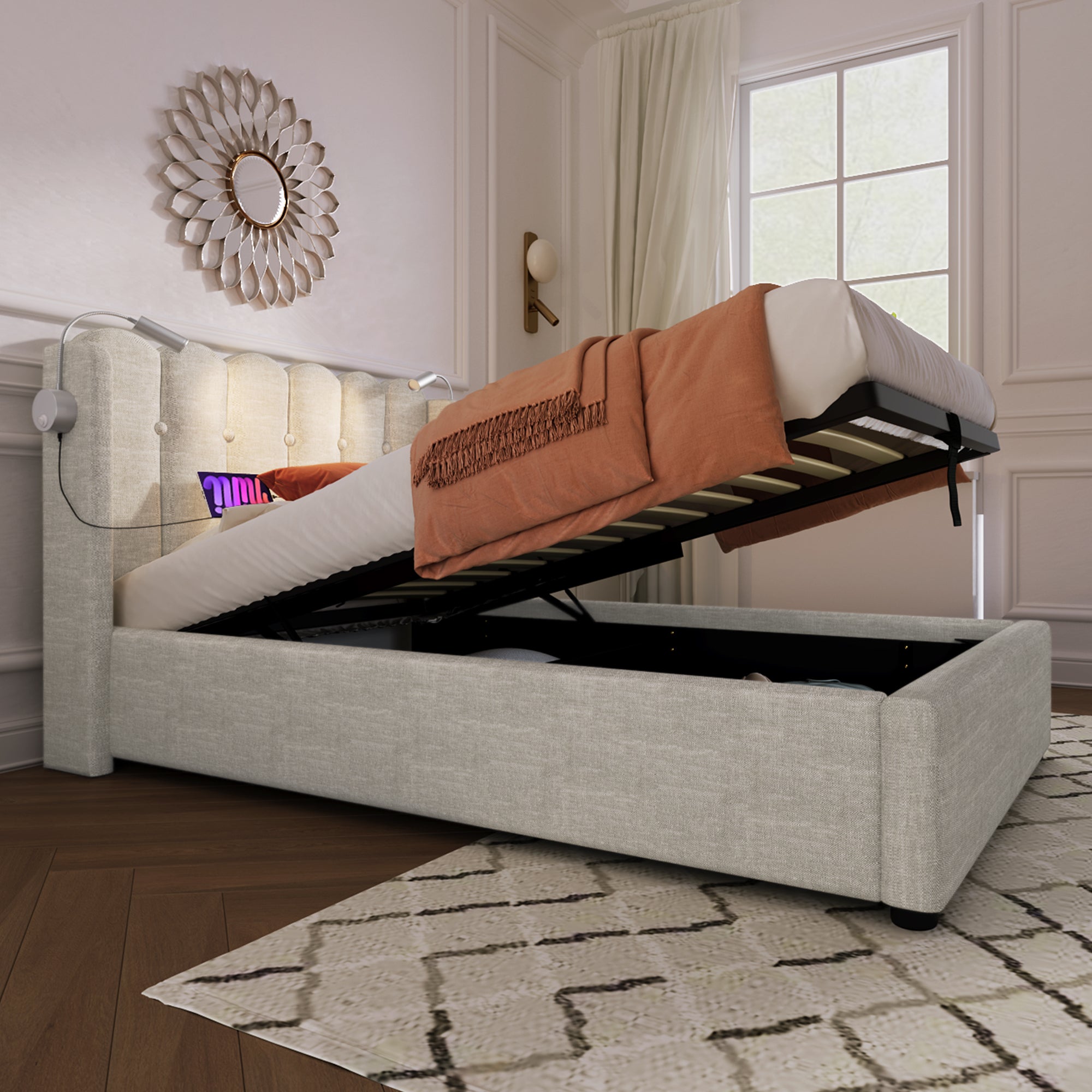 Upholstered Bed, Single with Reading Light & Charging Headboard, Natural Linen