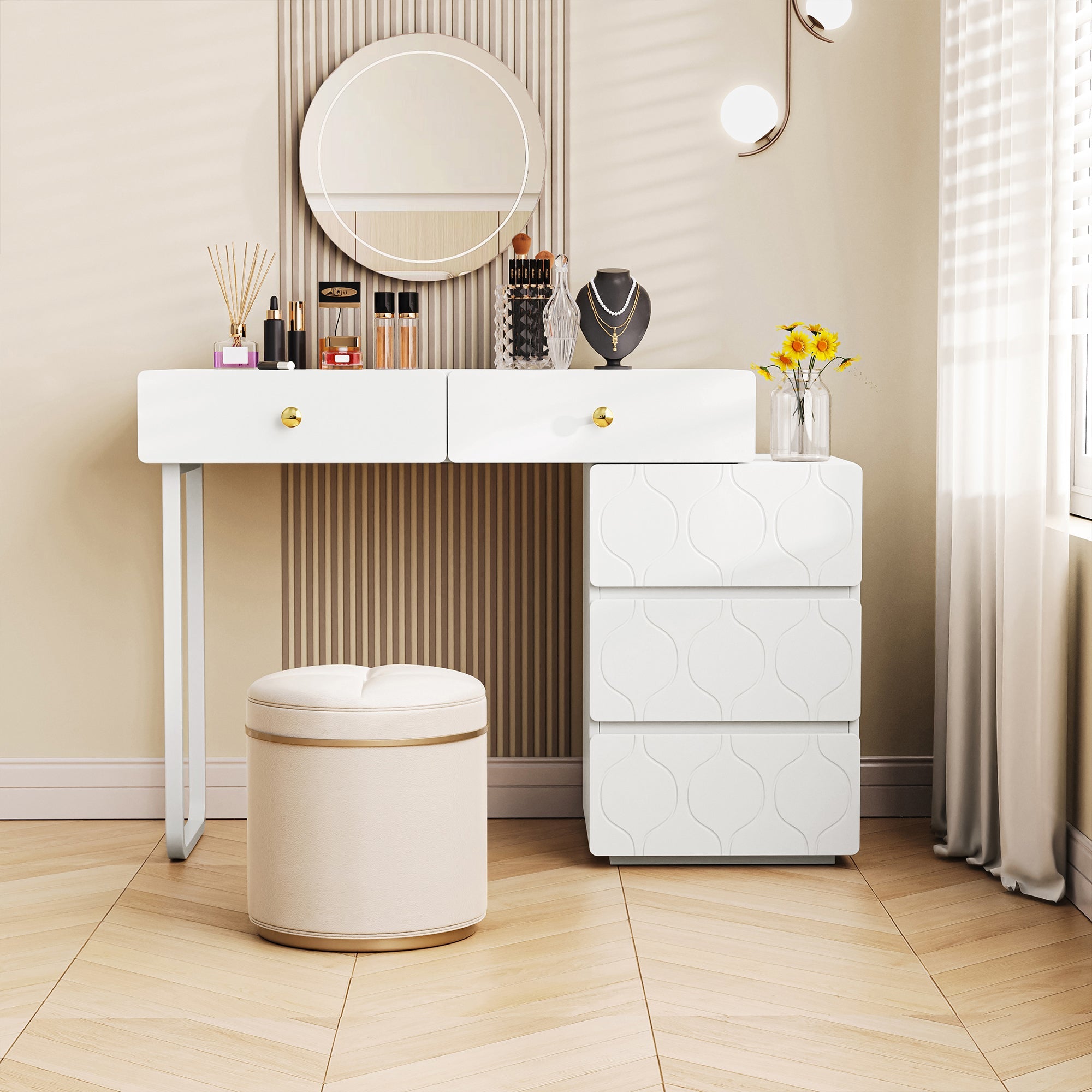 Dressing Table with 5 Drawers and Interchangeable Cabinet, 90x40x73.5cm, White Wood