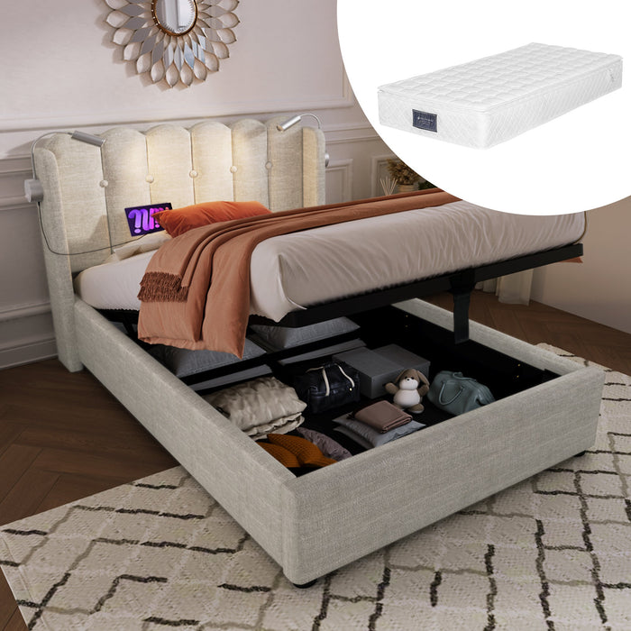 Upholstered Bed Single with Reading Light, Charging, Storage, 90x200, Natural Linen