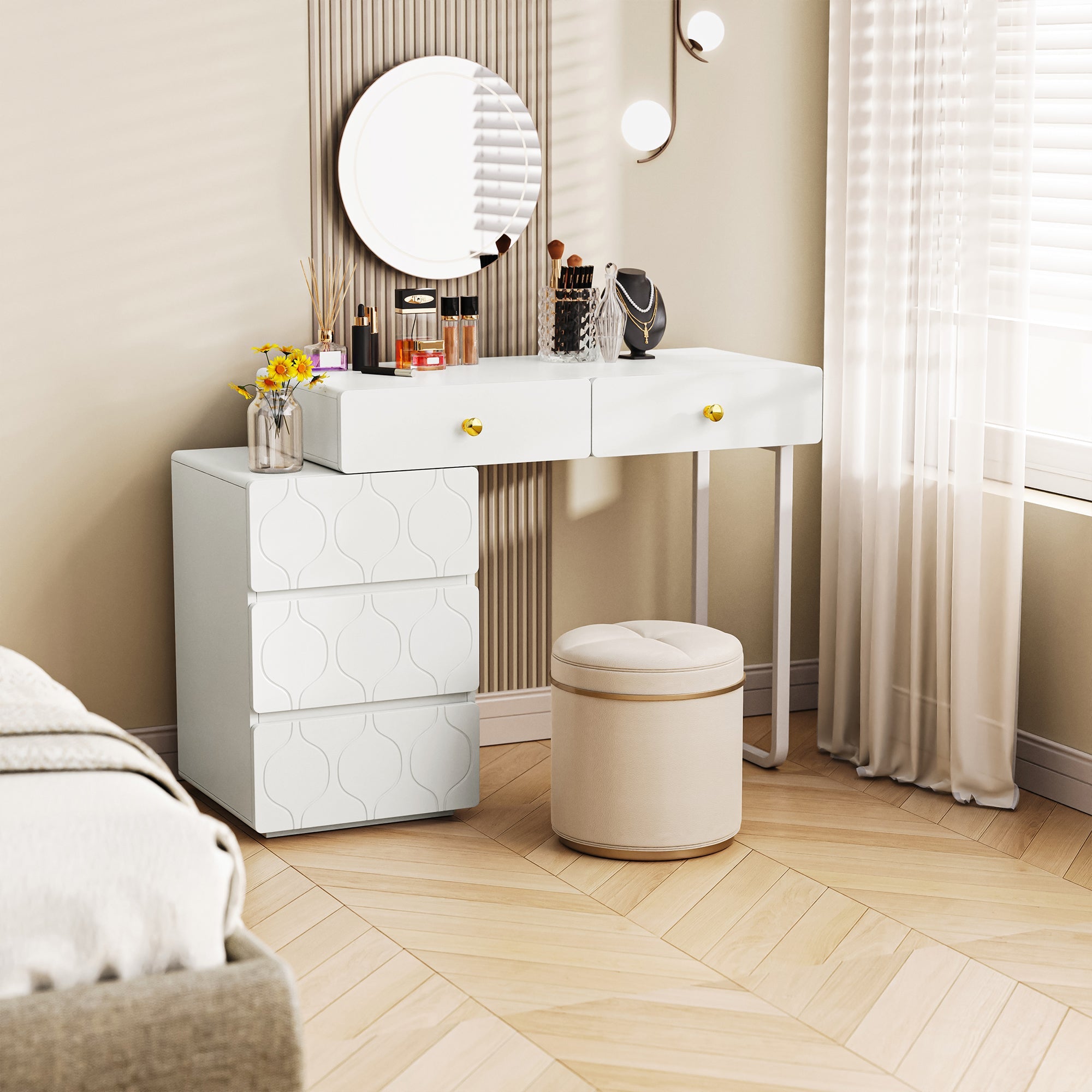 Dressing Table with 5 Drawers and Interchangeable Cabinet, 90x40x73.5cm, White Wood