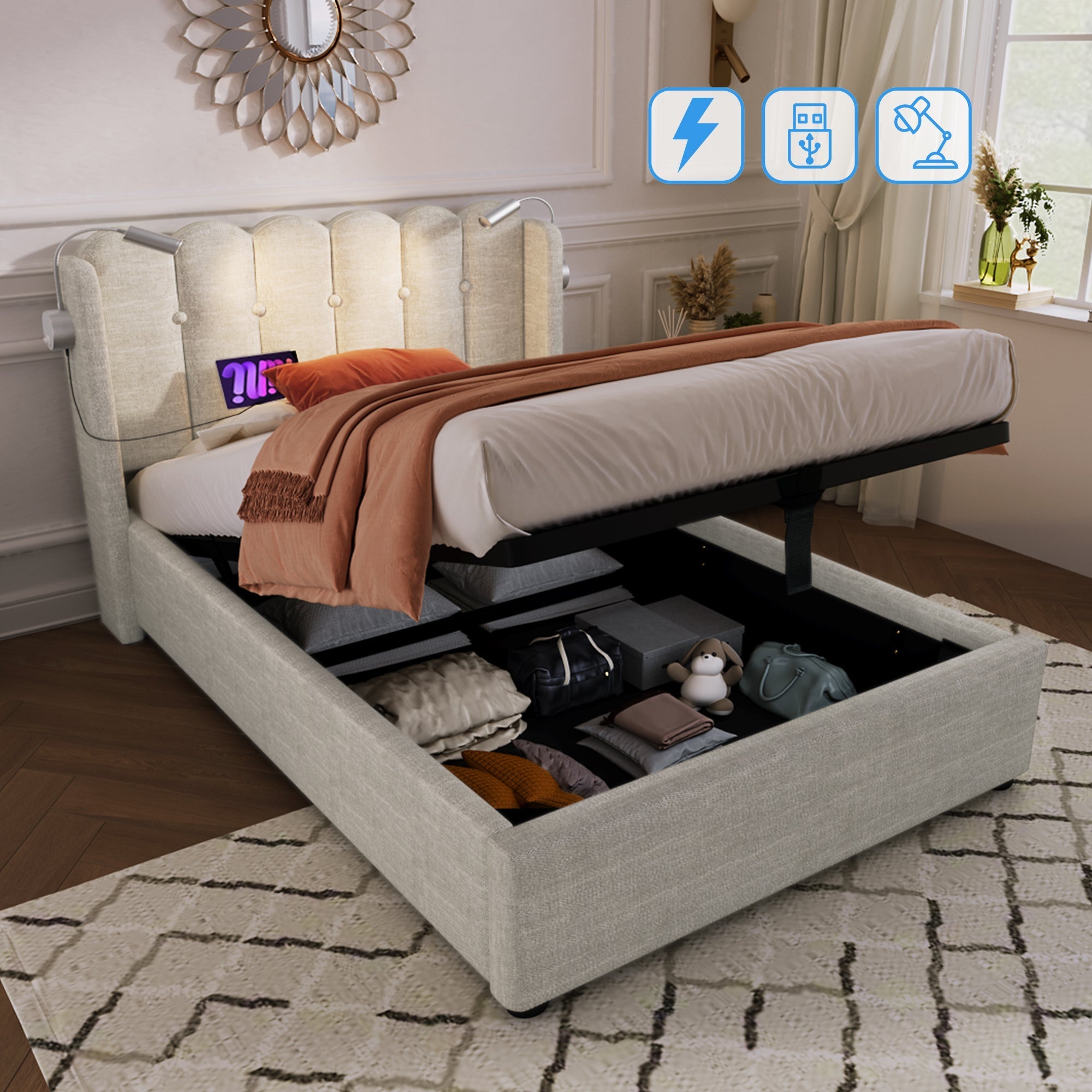 Upholstered Bed Single with Reading Light, Charging, Storage, 90x200, Natural Linen