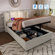 Upholstered Bed, Single with Reading Light & Charging Headboard, Natural Linen