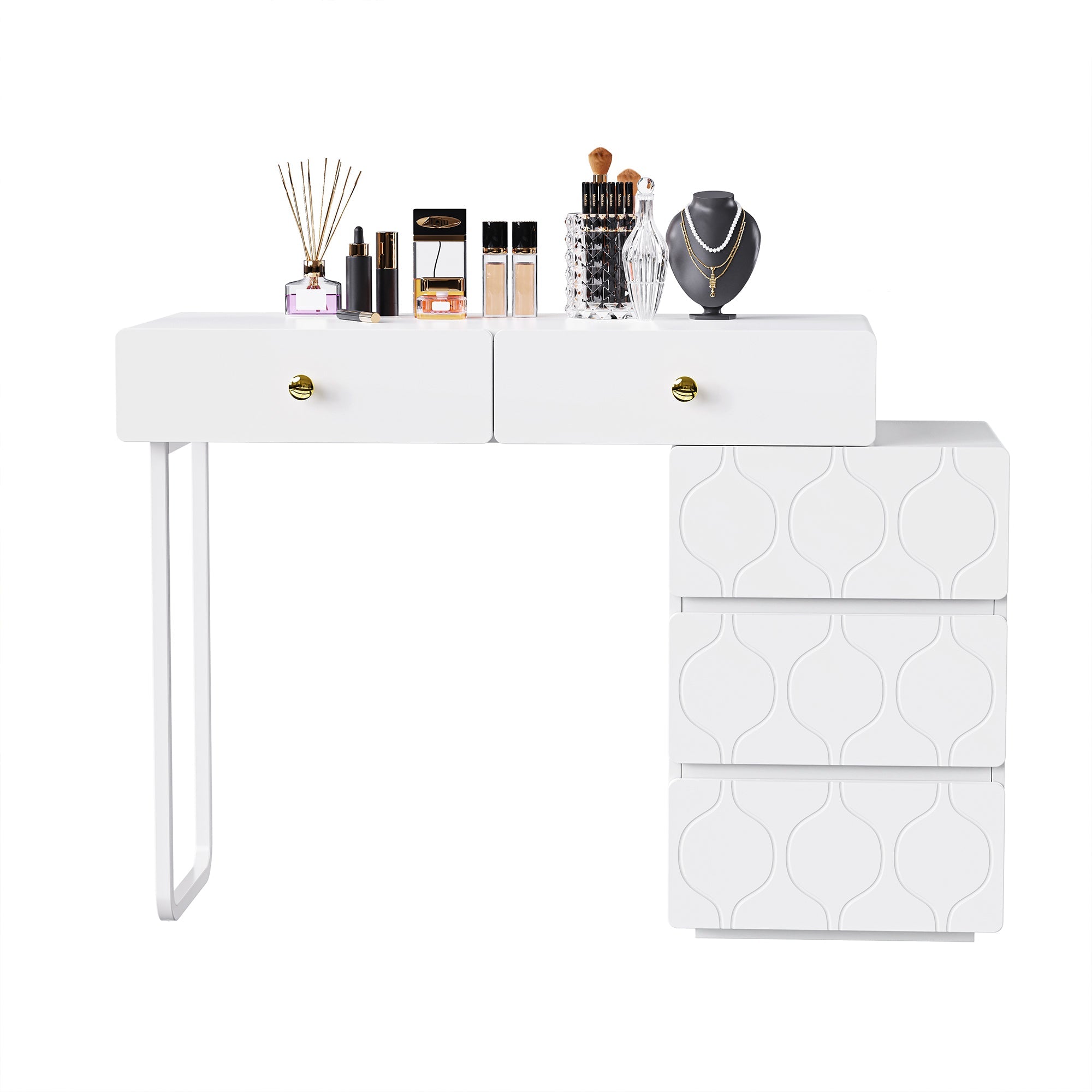 Dressing Table with 5 Drawers and Interchangeable Cabinet, 90x40x73.5cm, White Wood
