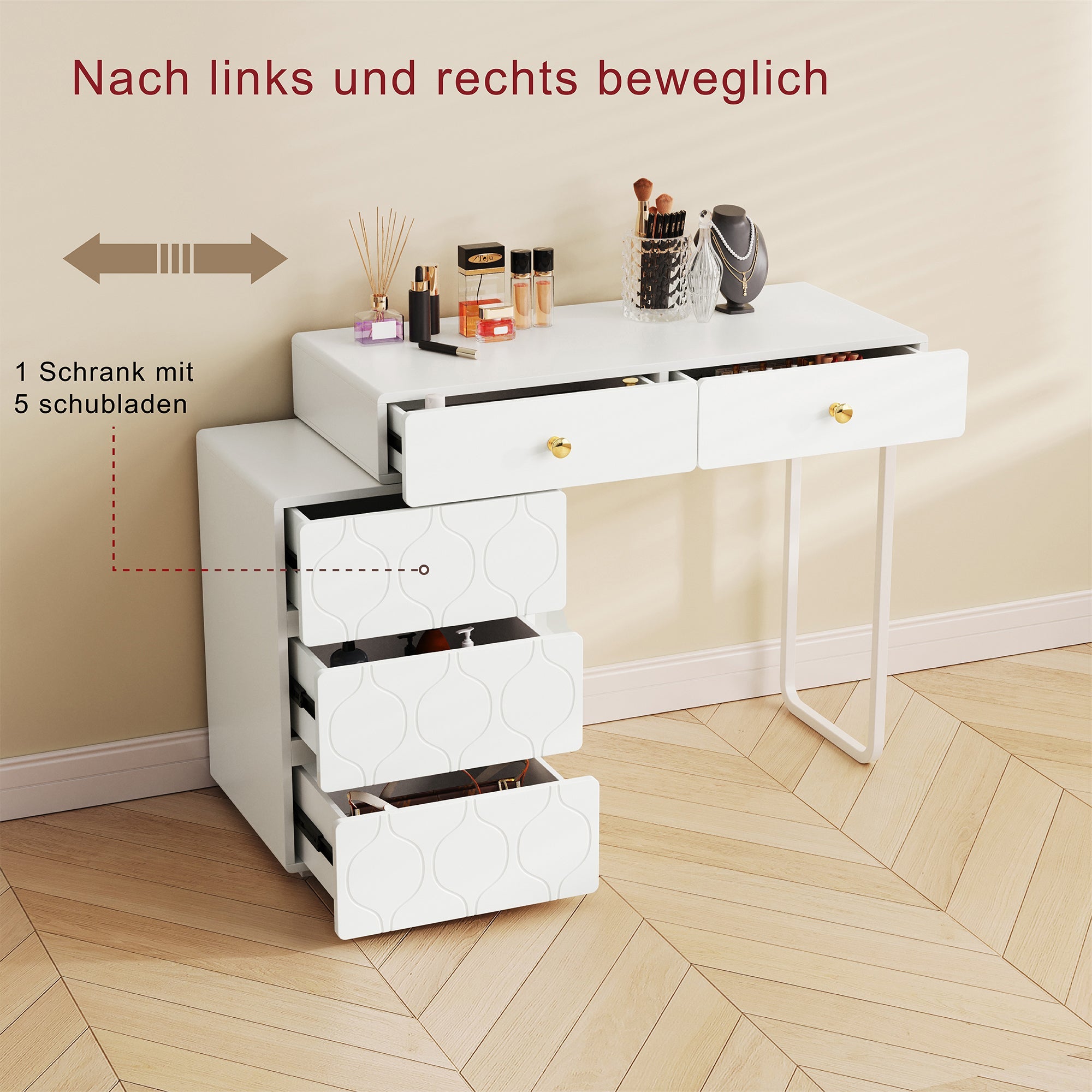 Dressing Table with 5 Drawers and Interchangeable Cabinet, 90x40x73.5cm, White Wood