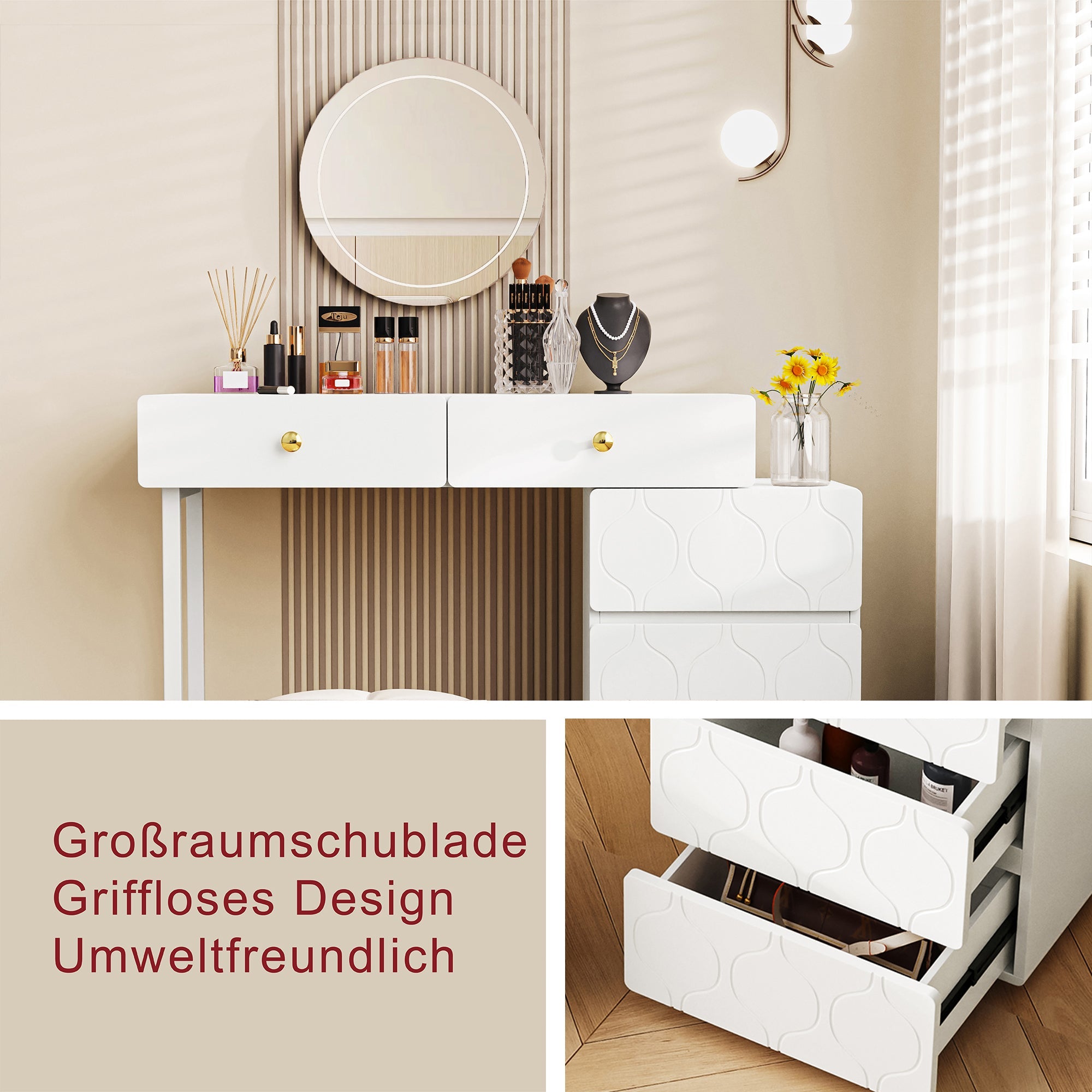 Dressing Table with 5 Drawers and Interchangeable Cabinet, 90x40x73.5cm, White Wood