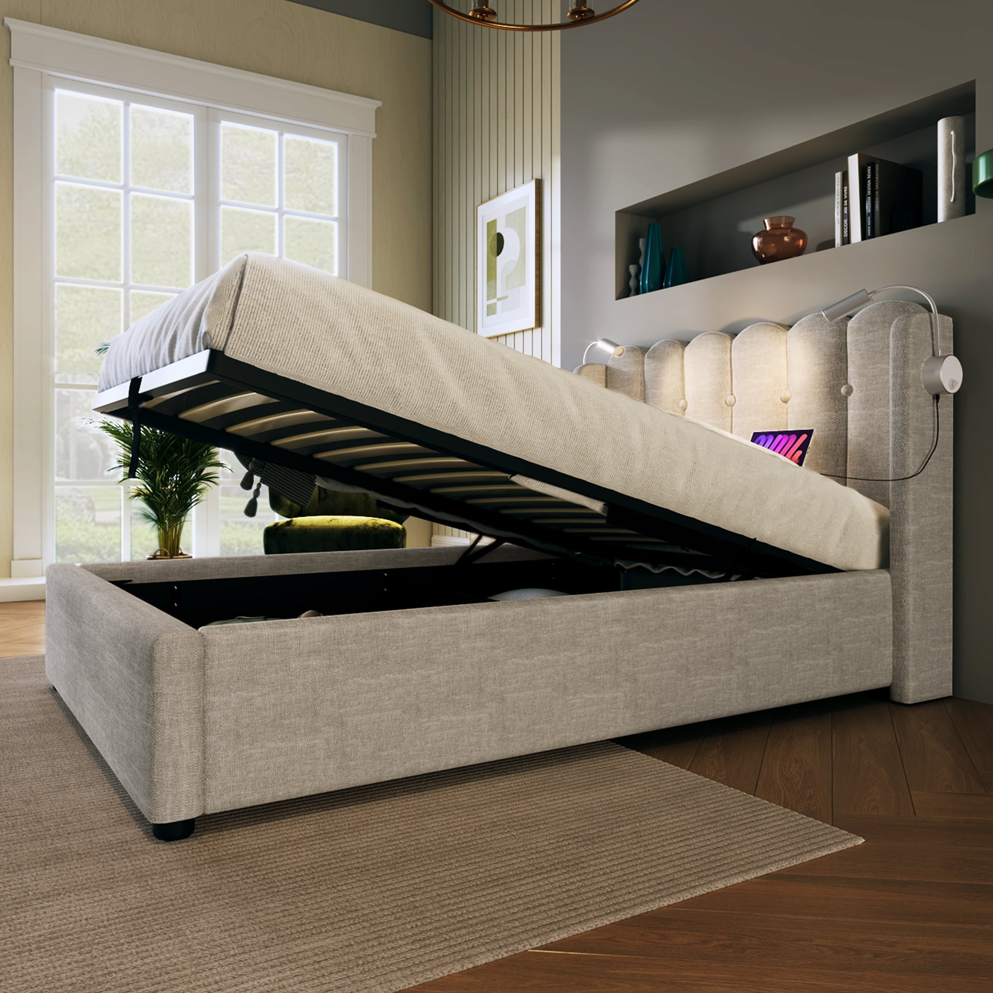 Upholstered Bed Single with Reading Light, Charging, Storage, 90x200, Natural Linen