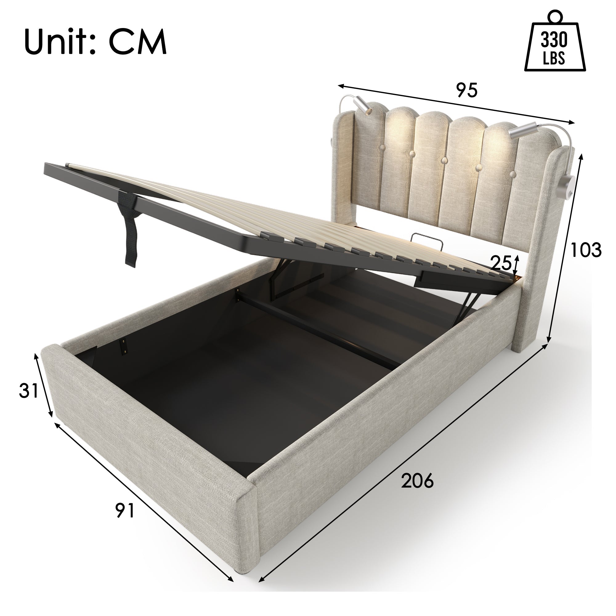 Upholstered Bed, Single with Reading Light & Charging Headboard, Natural Linen