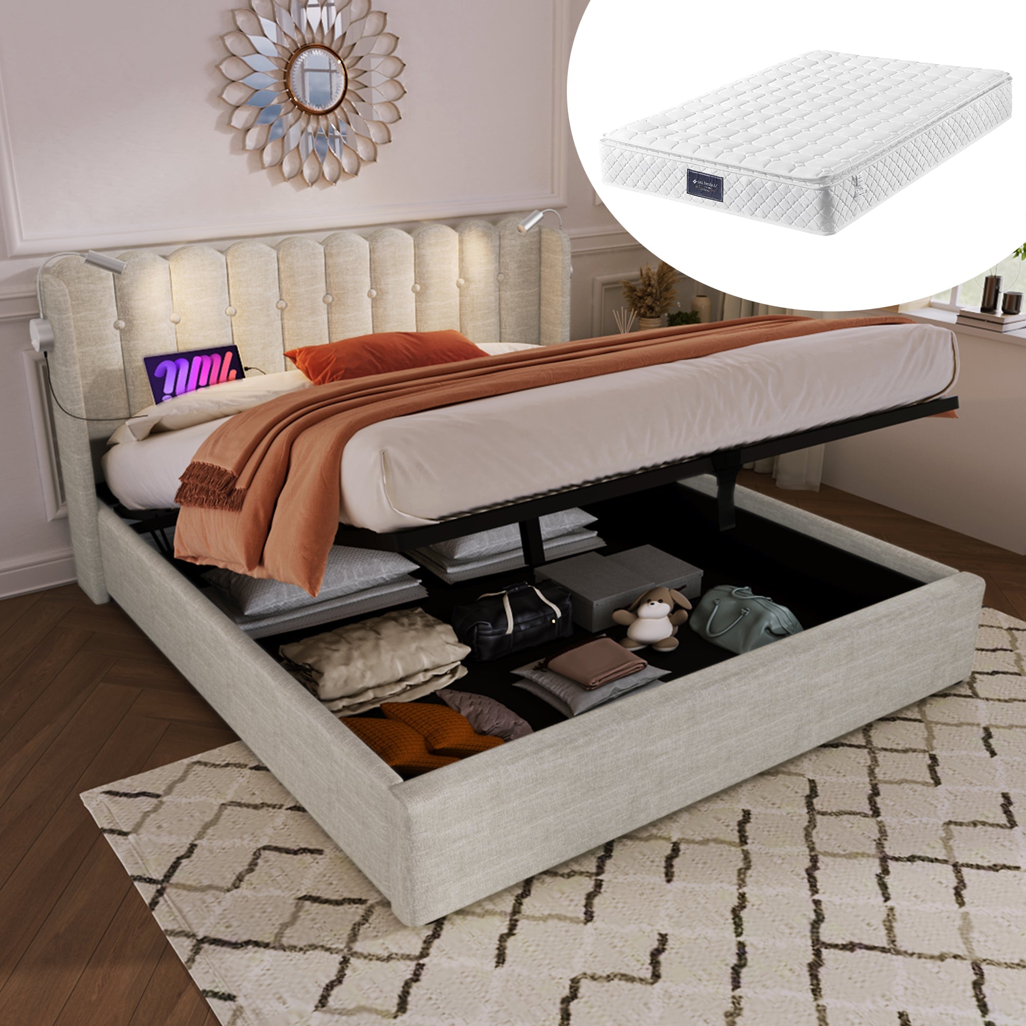 Upholstered Bed, Double with Reading Light, Charging, Headboard Storage, 160x200, Natural Linen