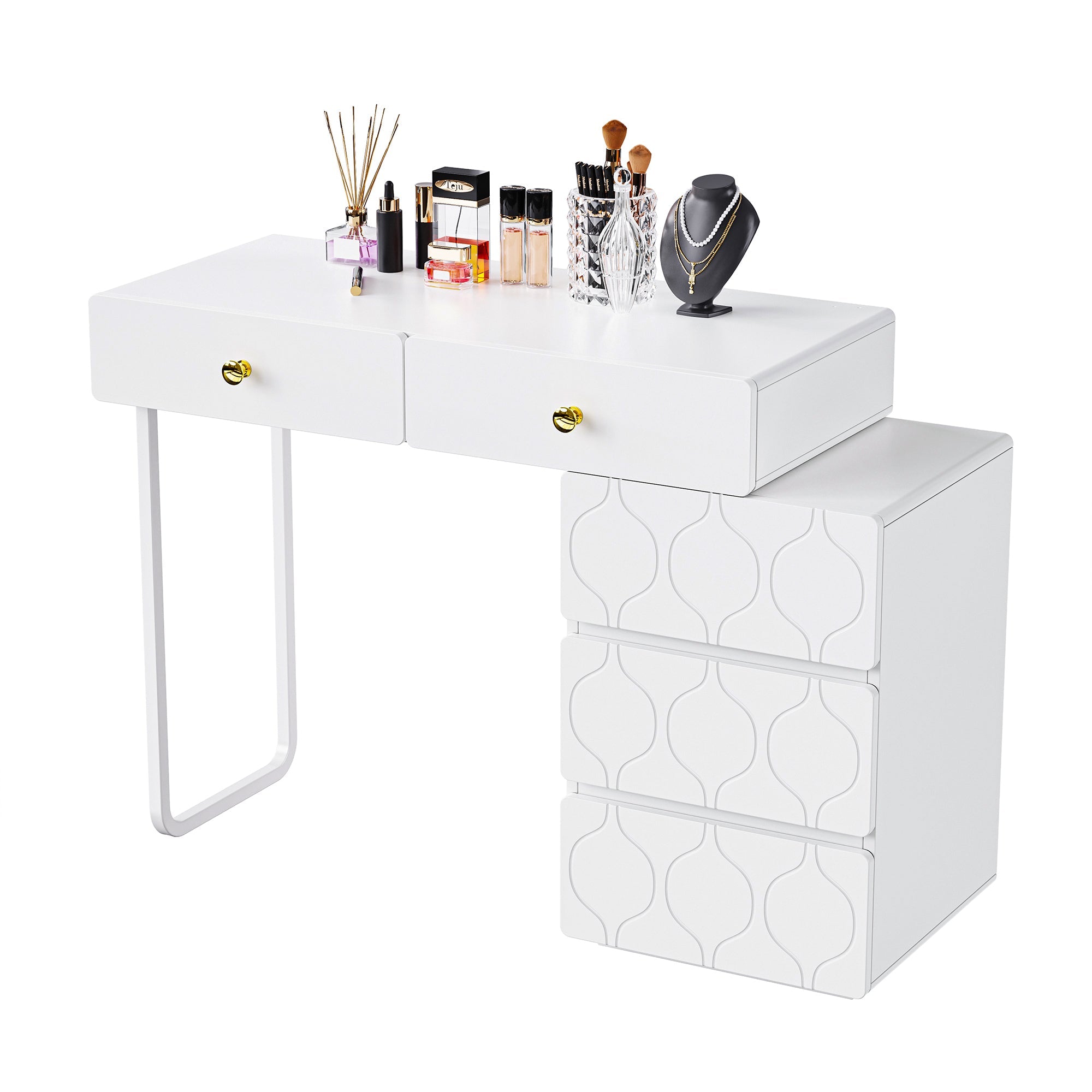 Dressing Table with 5 Drawers and Interchangeable Cabinet, 90x40x73.5cm, White Wood