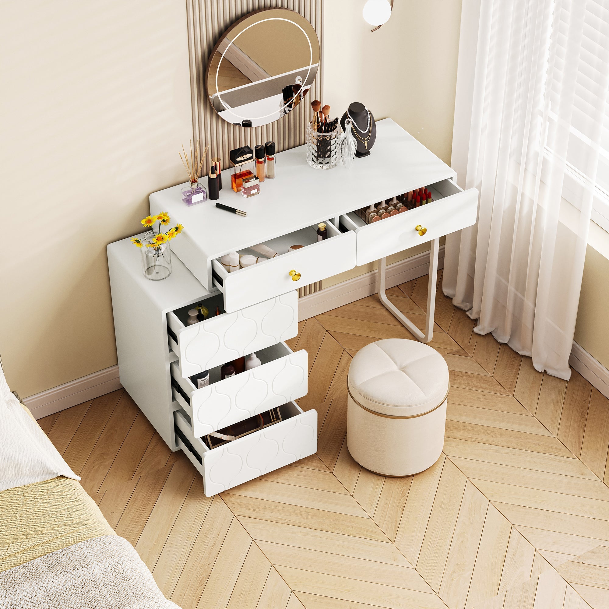 Dressing Table with 5 Drawers and Interchangeable Cabinet, 90x40x73.5cm, White Wood