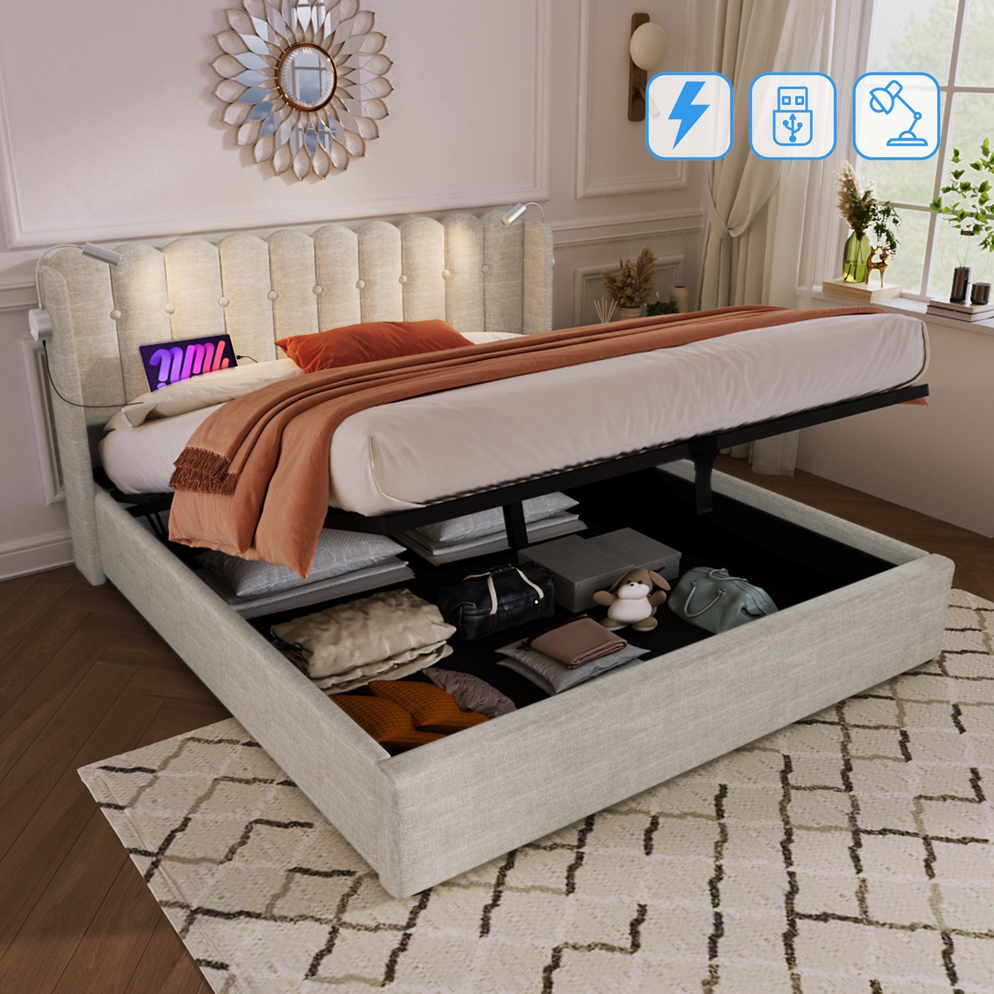 Upholstered Bed Double, Reading Light Storage Headboard, Linen Natural