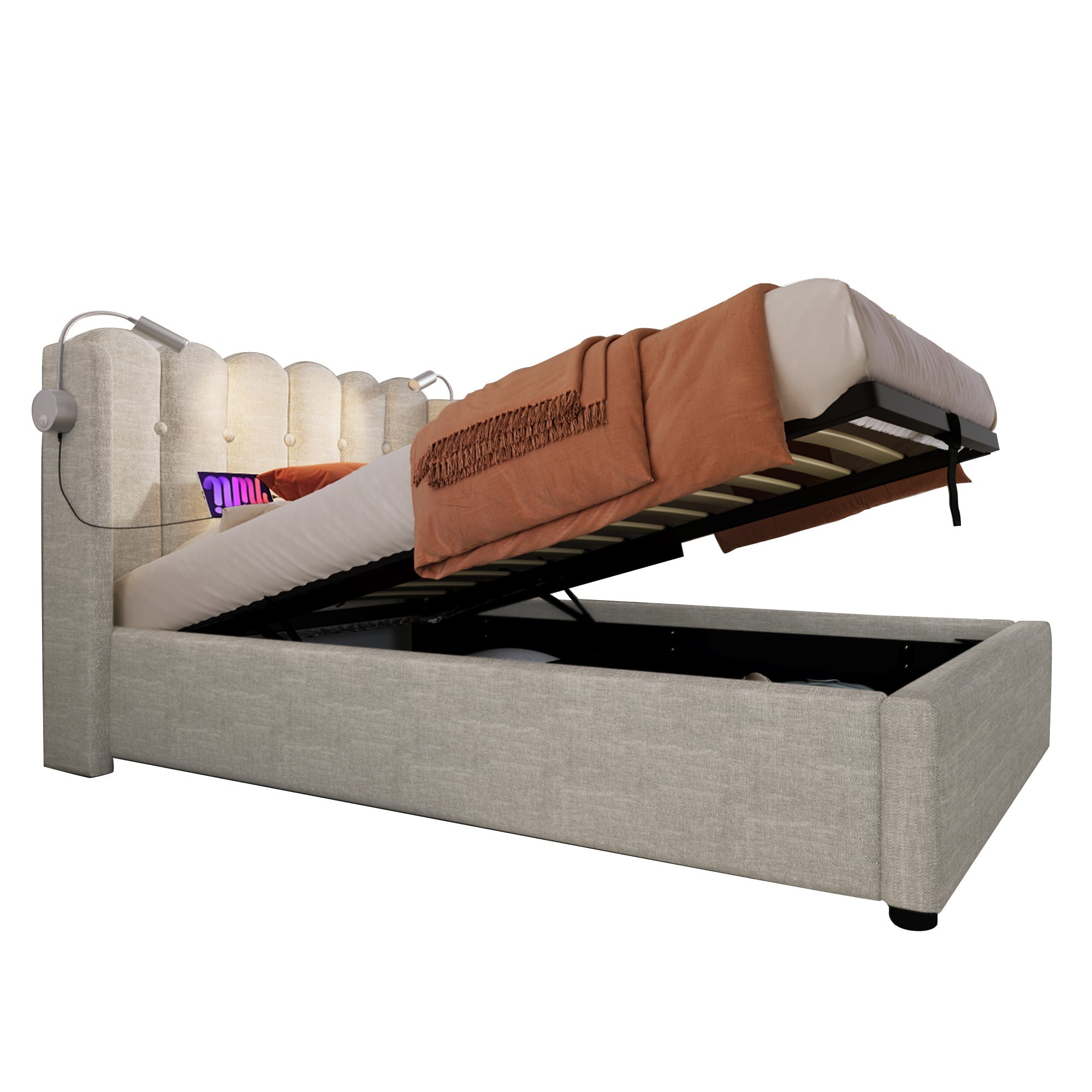 Upholstered Bed, Single with Reading Light & Charging Headboard, Natural Linen