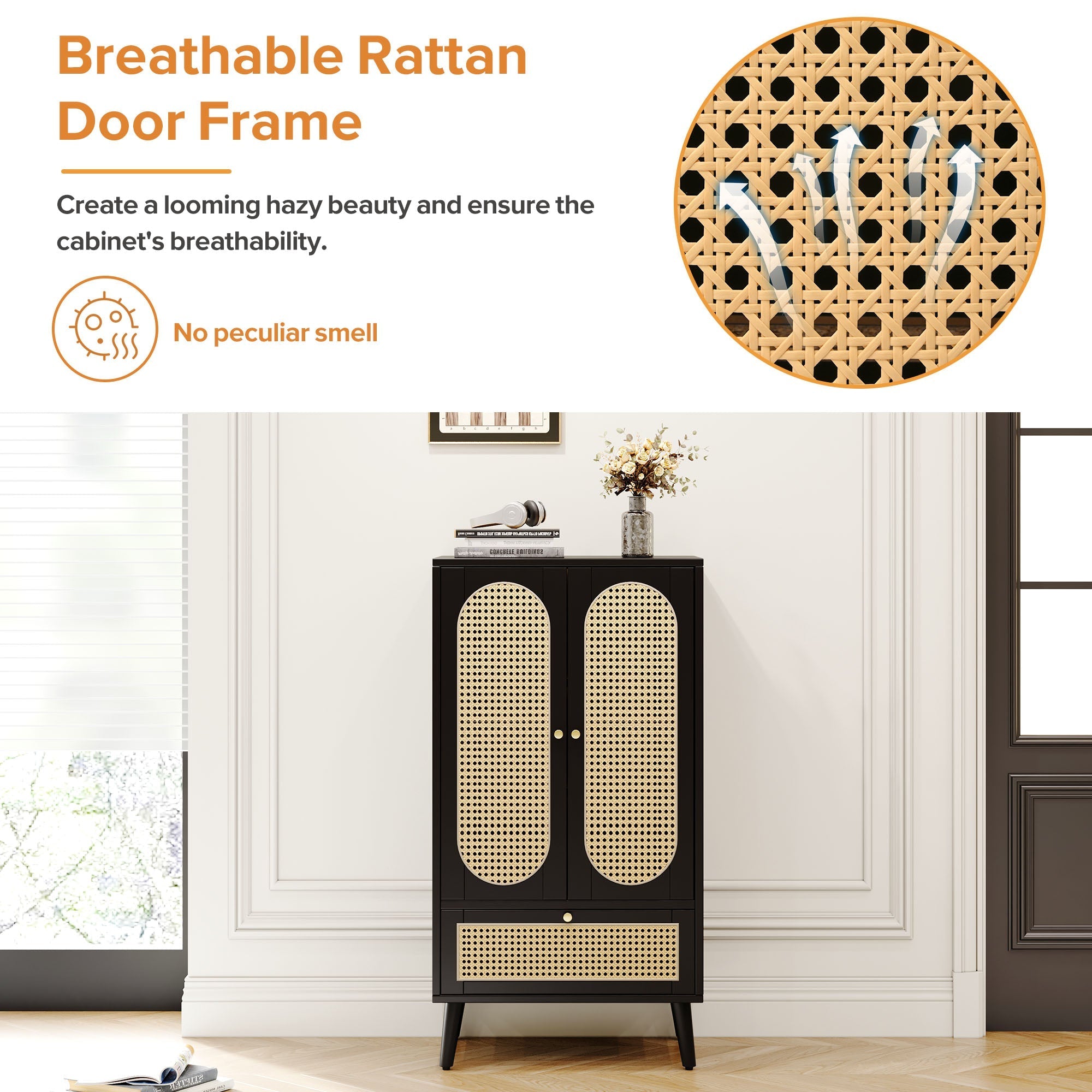 Compact Sideboard, Rattan Design, 2 Doors, 1 Drawer, Black