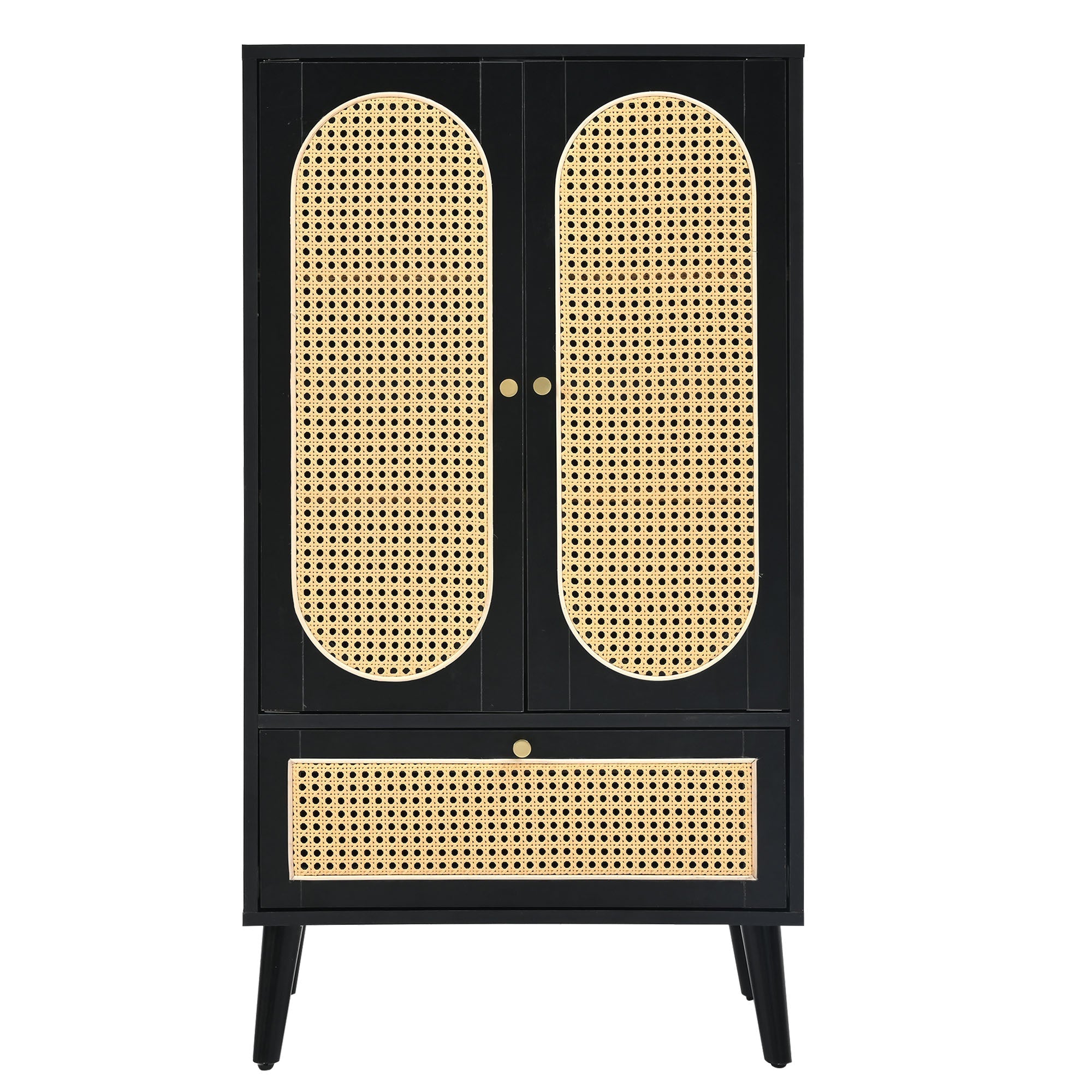 Compact Sideboard, Rattan Design, 2 Doors, 1 Drawer, Black