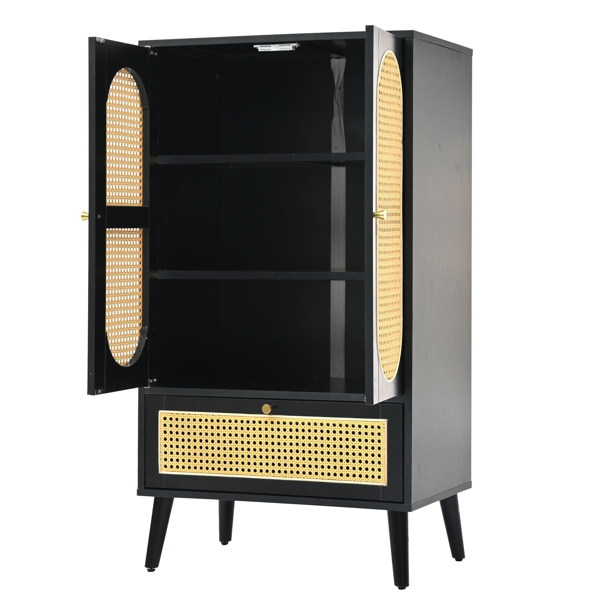 Compact Sideboard, Rattan Design, 2 Doors, 1 Drawer, Black