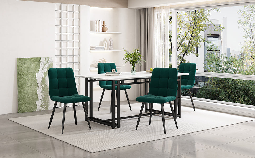 140x80cm Dining Table Set with 4 Chairs Modern Kitchen Black Iron Dark Green Velvet
