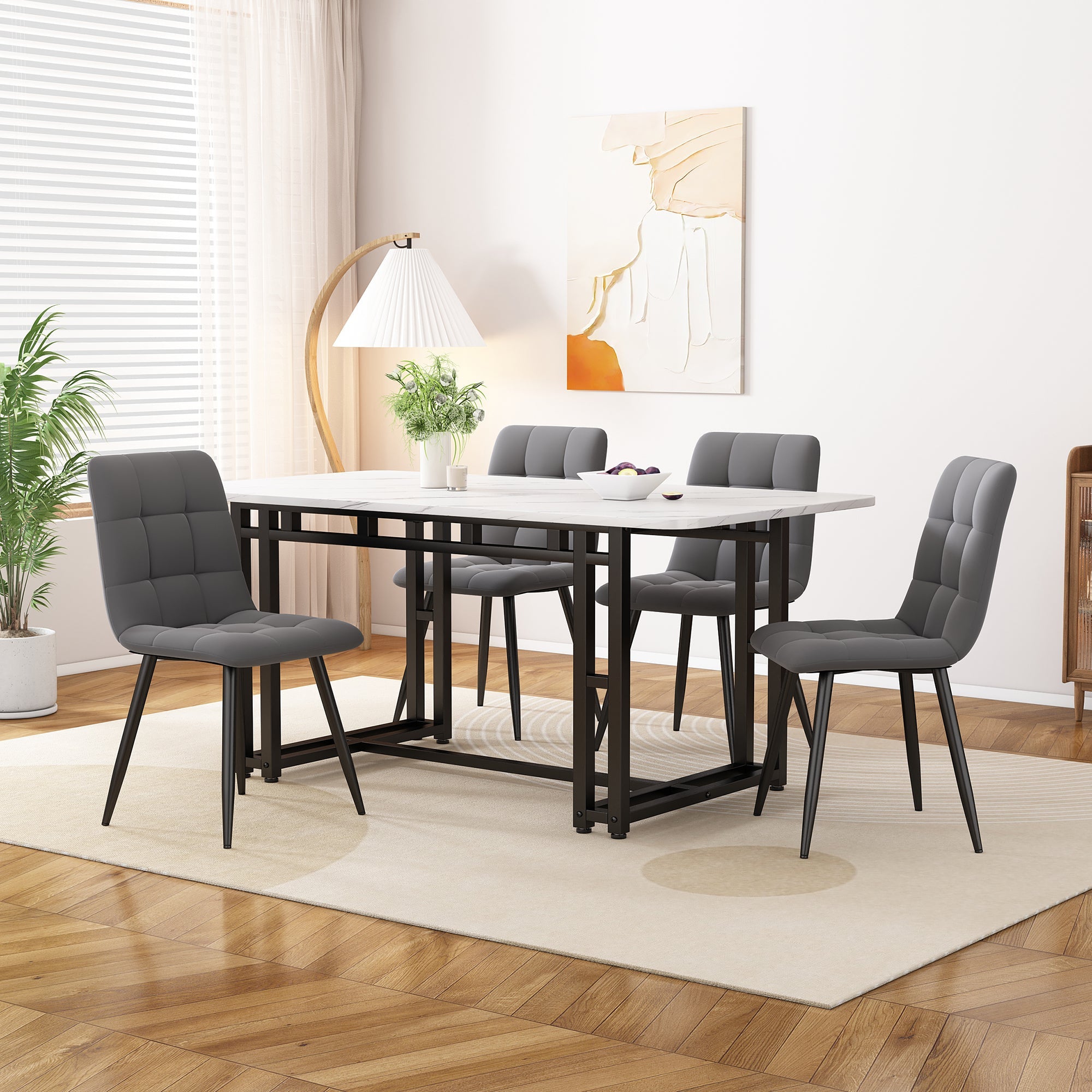 Dining Set 5-Piece 120x70cm Table 4 Dark Grey Velvet Chairs Black Iron Legs