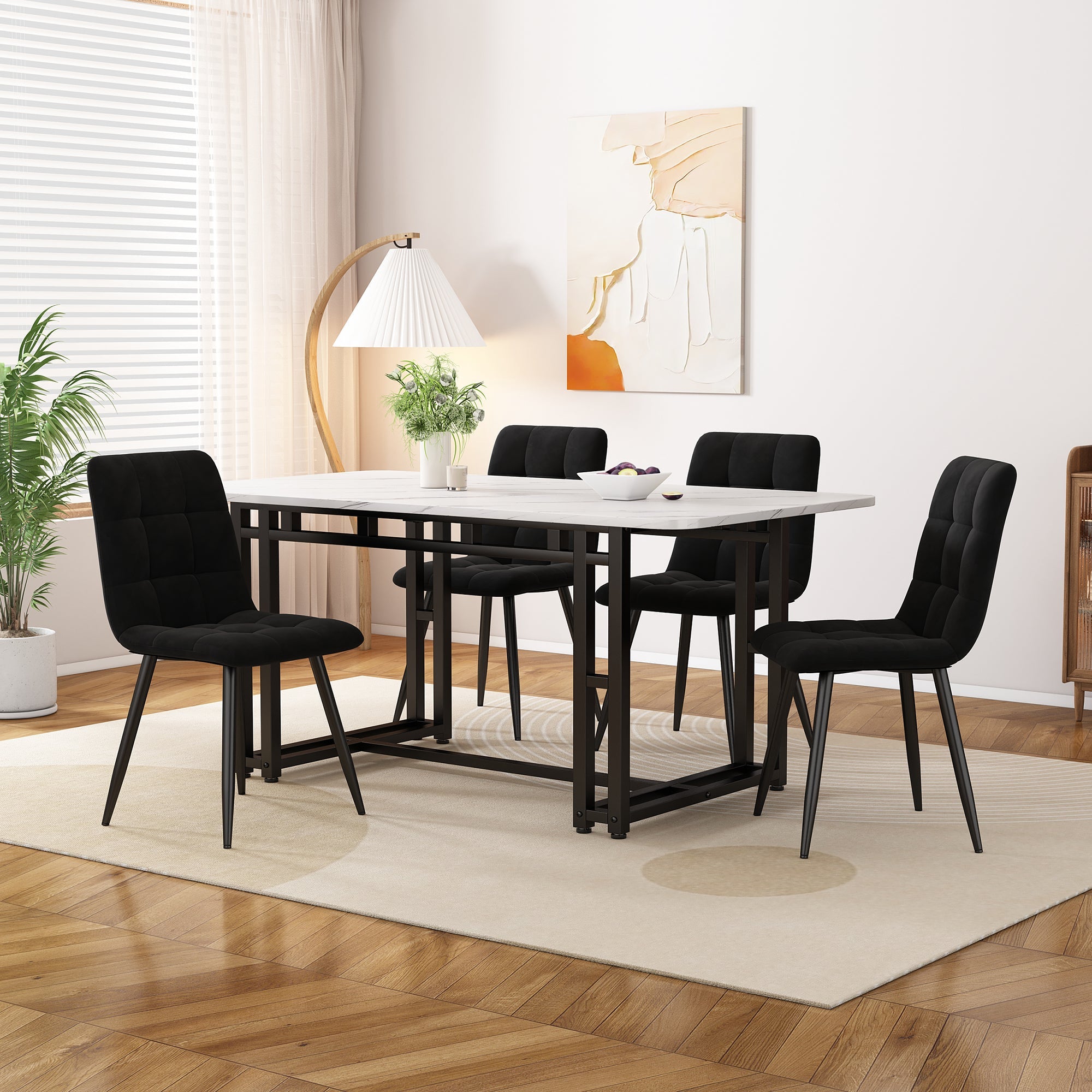 Dining Set (5-Piece) 120x70cm, Modern Kitchen Table with 4 Velvet Chairs, Black/Iron