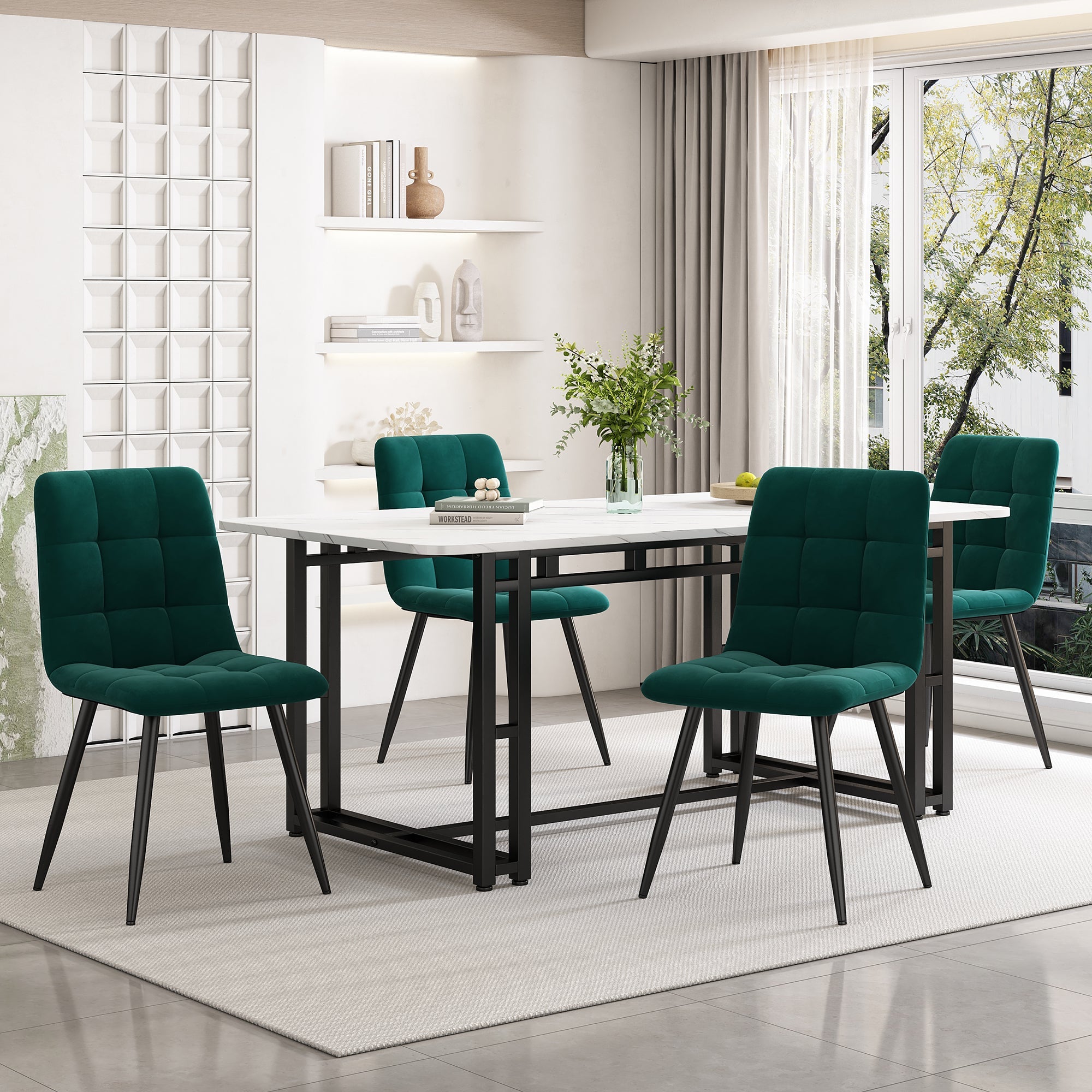 140x80cm Dining Table Set with 4 Chairs Modern Kitchen Black Iron Dark Green Velvet