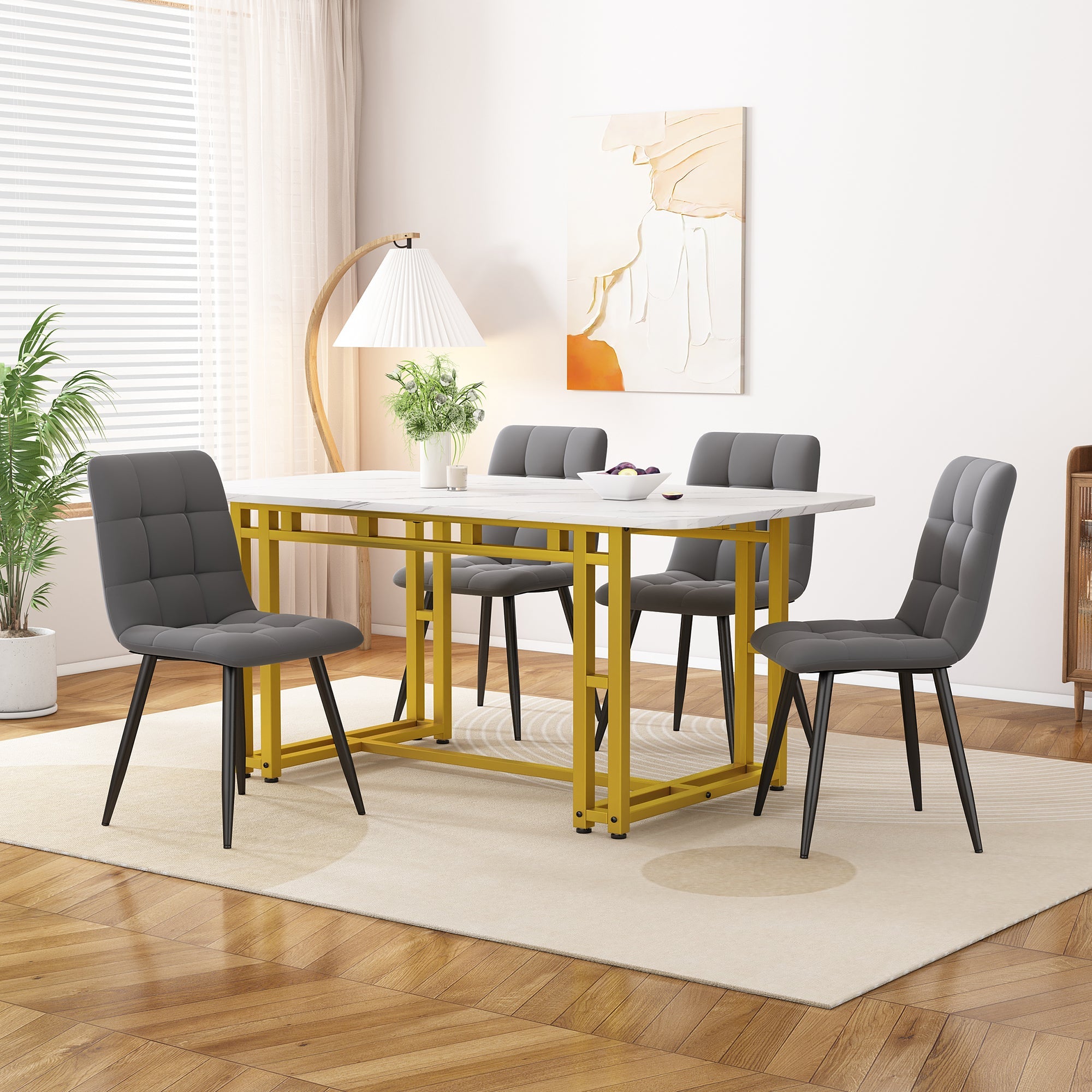 Dining Table Set 5-Piece 120x70cm Modern Golden Iron Leg Dark Grey Velvet