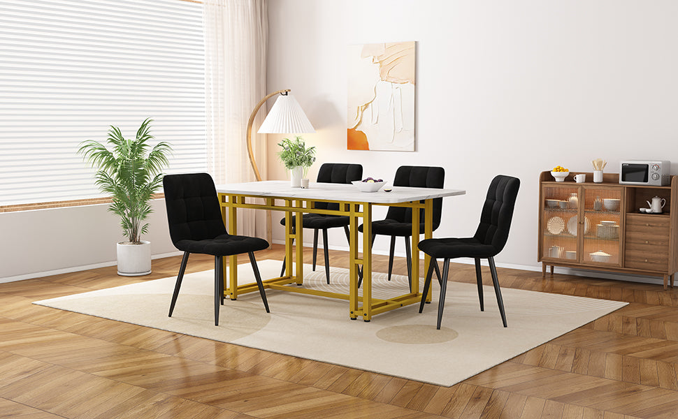 Dining Set 5-Piece 120x70cm Black Velvet Chairs, Golden Iron