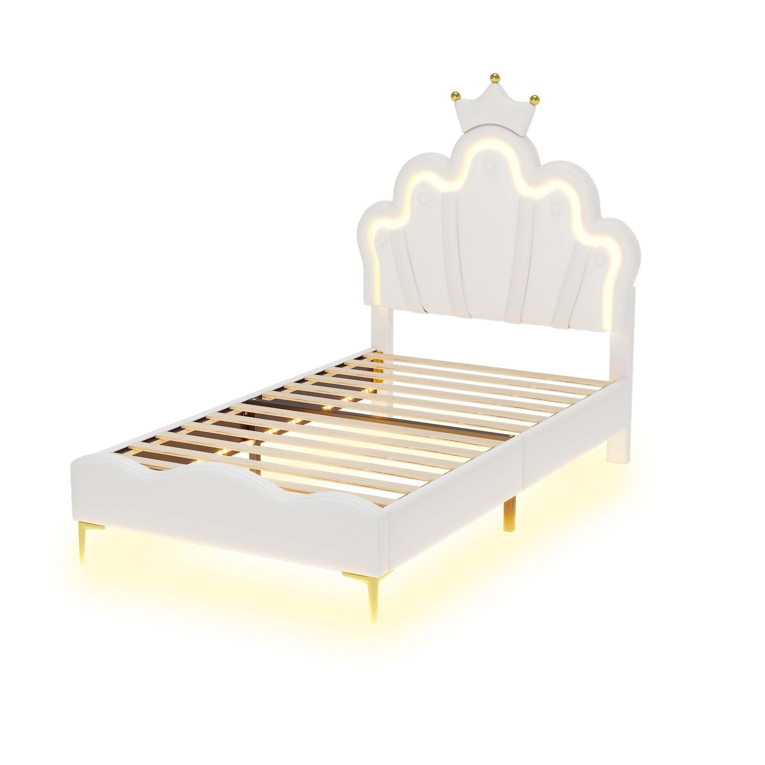 Princess Bed 90x200cm Crown Shaped PU Leather Upholstered LED - White