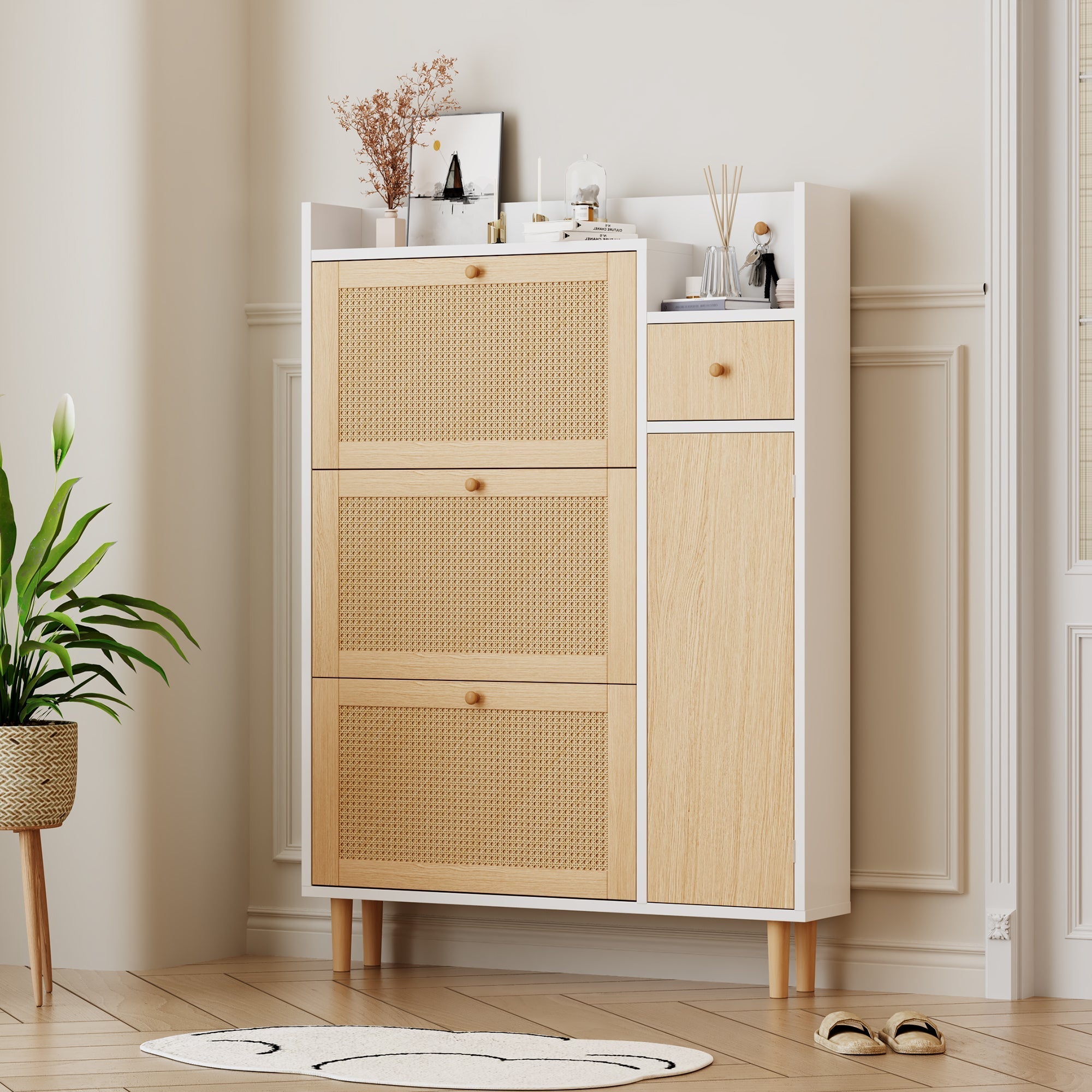 Wooden Shoe Cabinet, Narrow Entryway Storage 3 Tilting Doors 1 Drawer Solid Wood Rattan