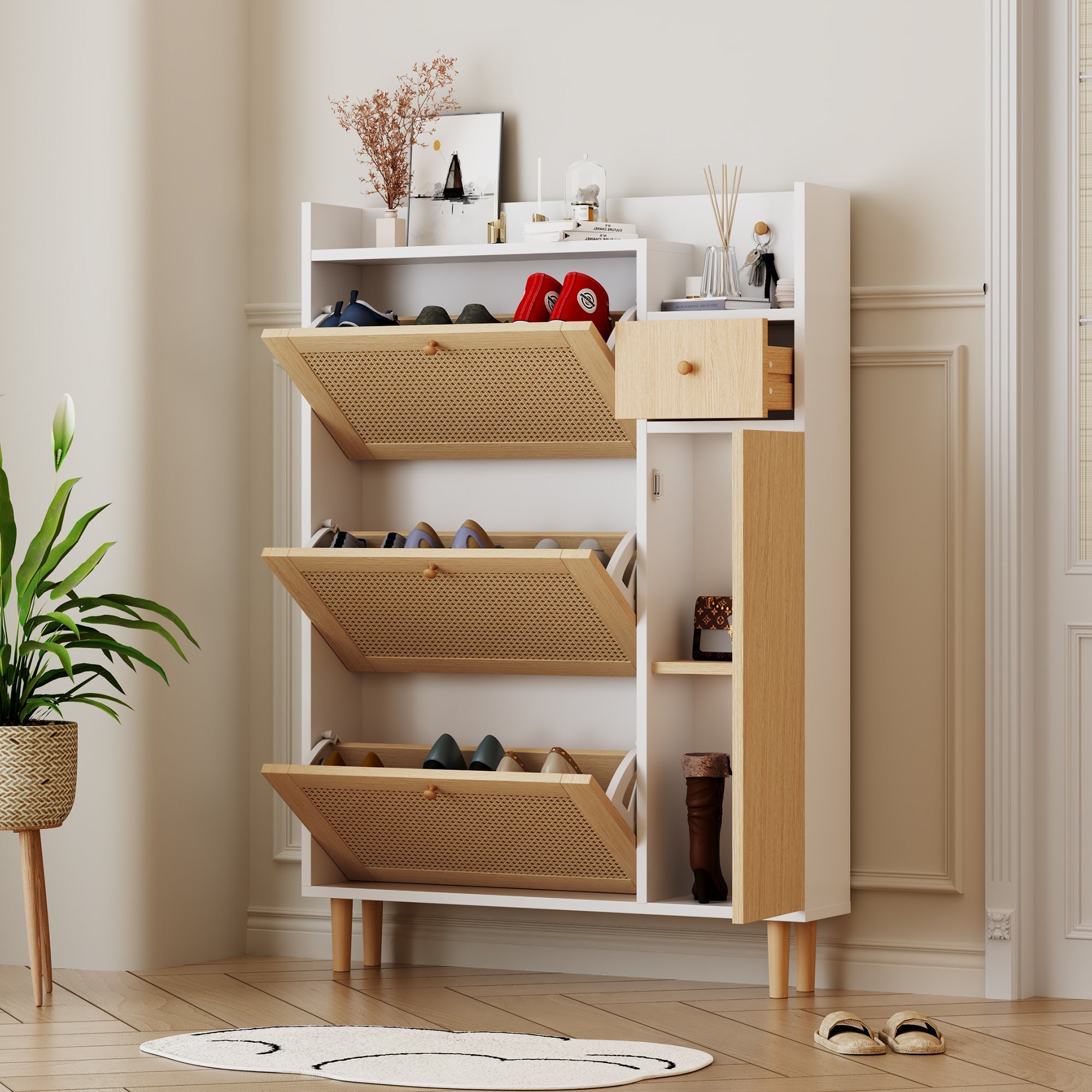 Wooden Shoe Cabinet, Narrow Entryway Storage 3 Tilting Doors 1 Drawer Solid Wood Rattan