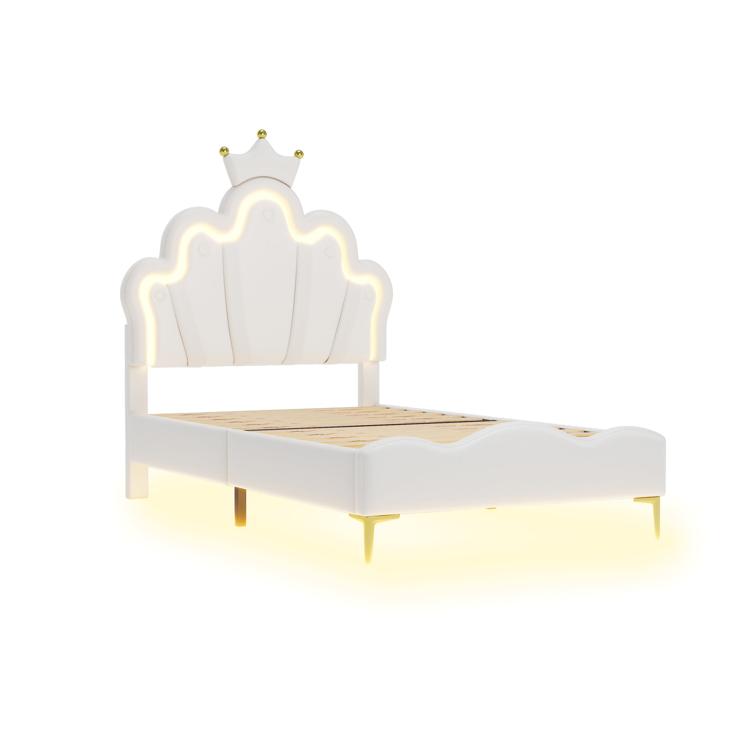 Princess Bed 90x200cm Crown Shaped PU Leather Upholstered LED - White