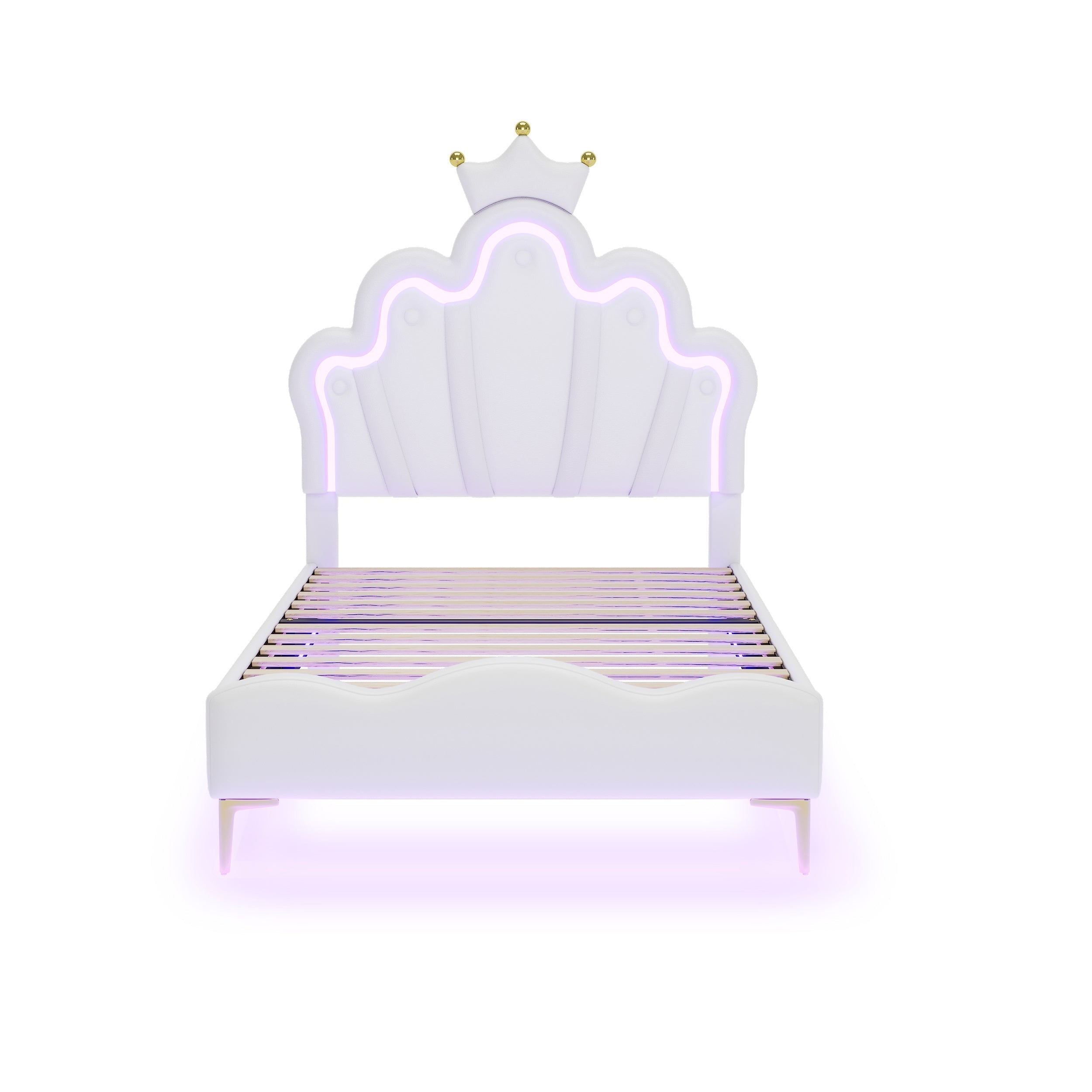 Princess Bed 90x200cm Crown Shaped PU Leather Upholstered LED - White