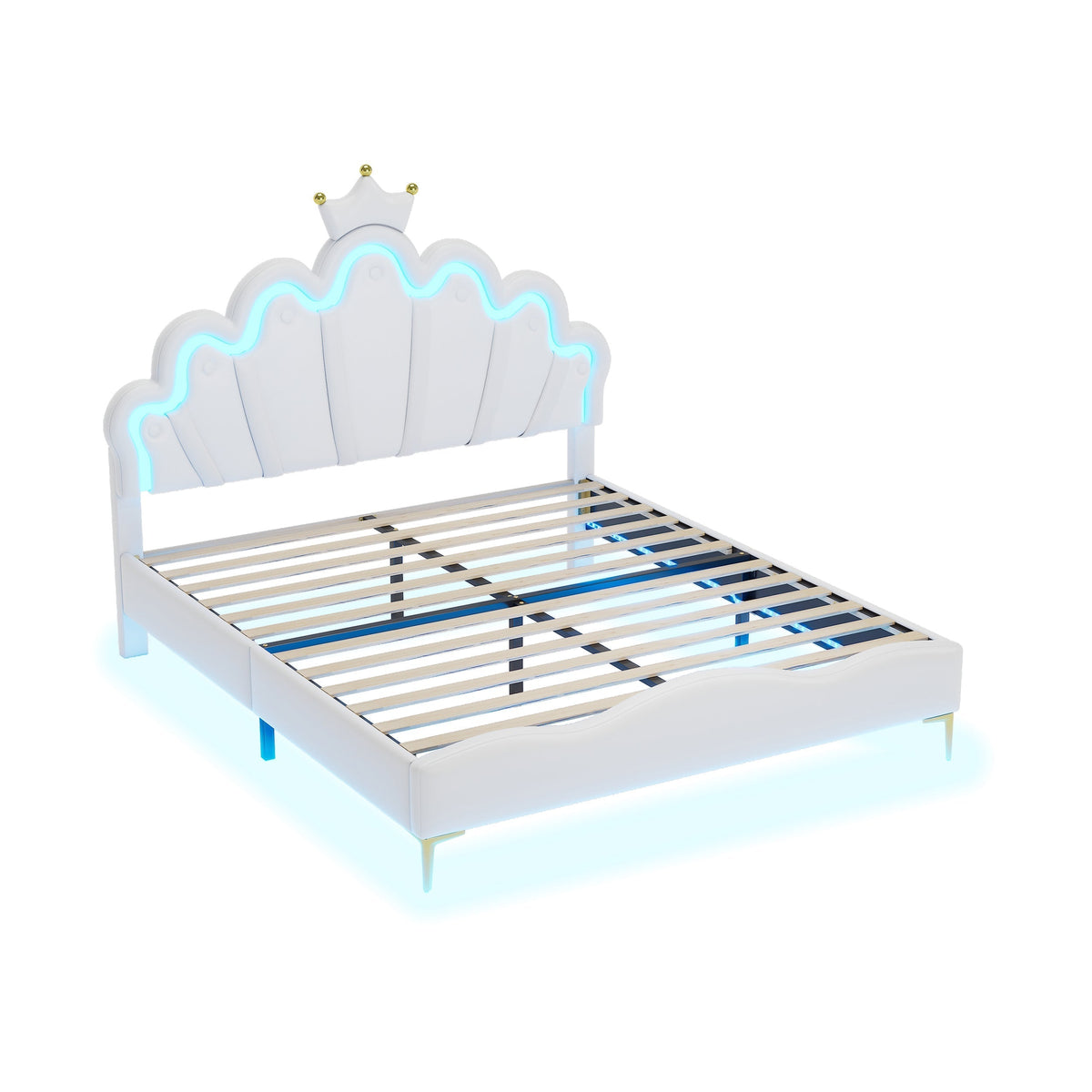 Flat Double Bed 140x200cm Crown-Shaped PU Leather Adjustable LED - White
