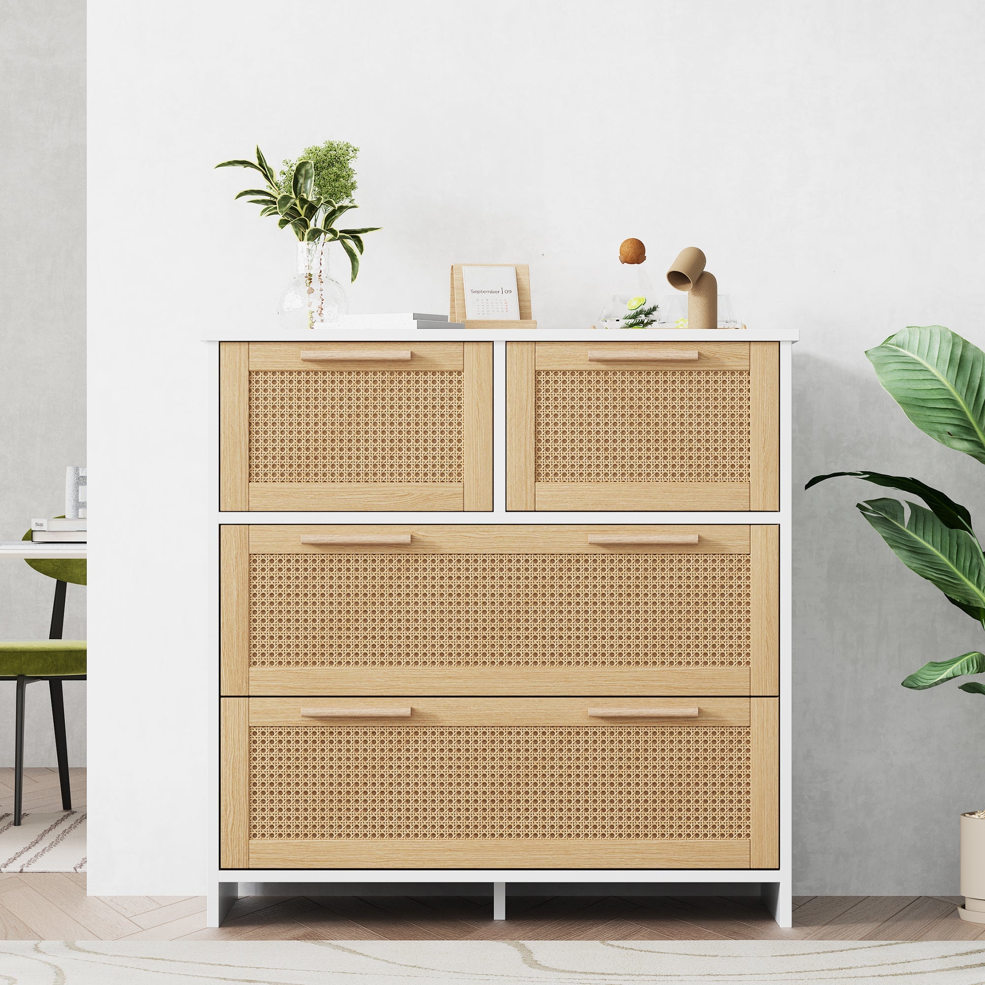 4-drawer rattan cabinet with solid wood handles