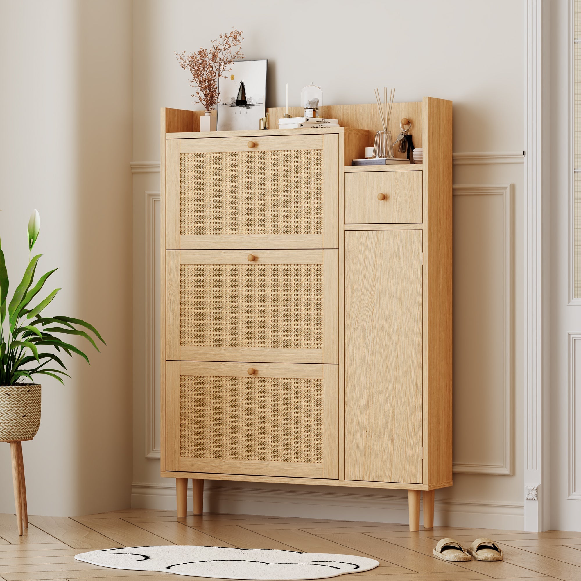Wooden Shoe Cabinet, 3 Tilting Doors 1 Drawer Narrow Entryway, Rattan