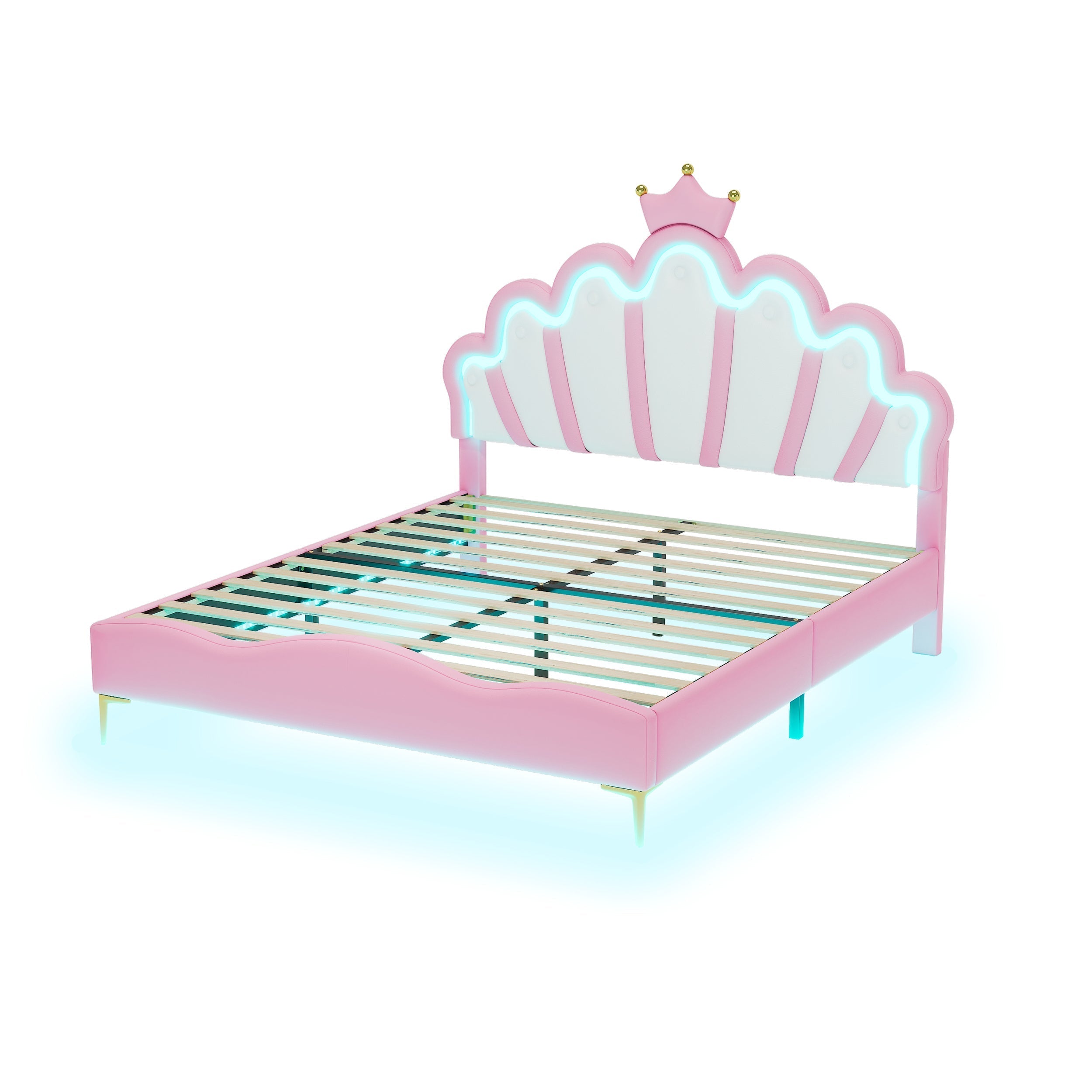 Flat Double Bed 140x200cm Crown-Shaped LED PU Leather - Pink