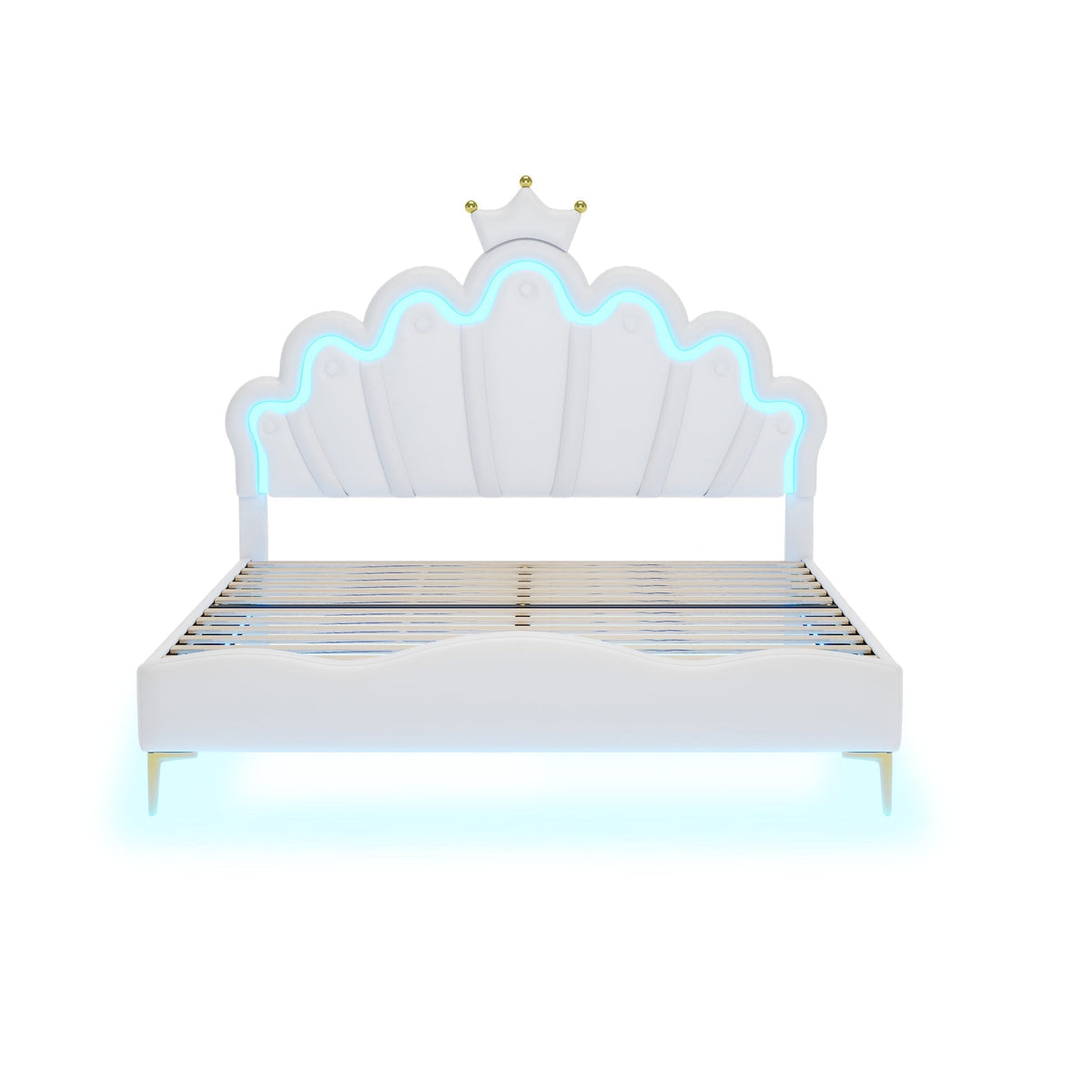 Flat Double Bed 140x200cm Crown-Shaped PU Leather Adjustable LED - White