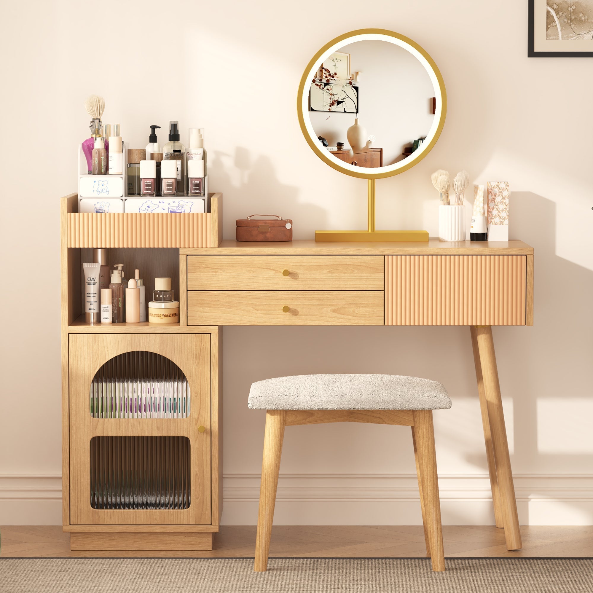 Dressing table set, cosmetic table with LED mirror and 3-color lighting, wooden