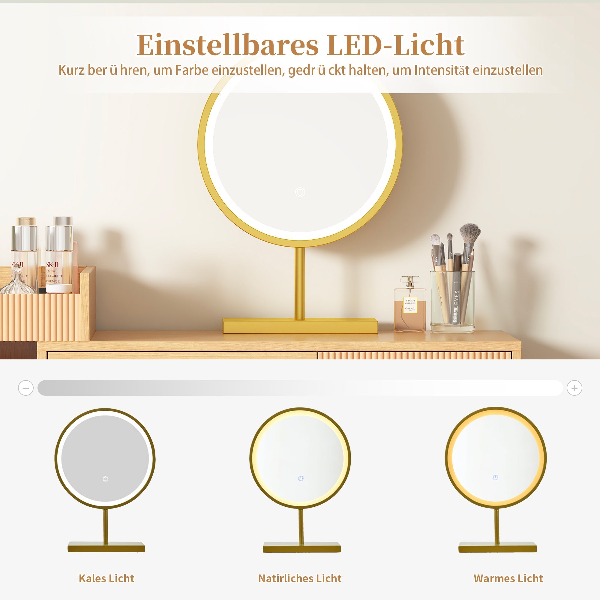 Dressing table set, cosmetic table with LED mirror and 3-color lighting, wooden