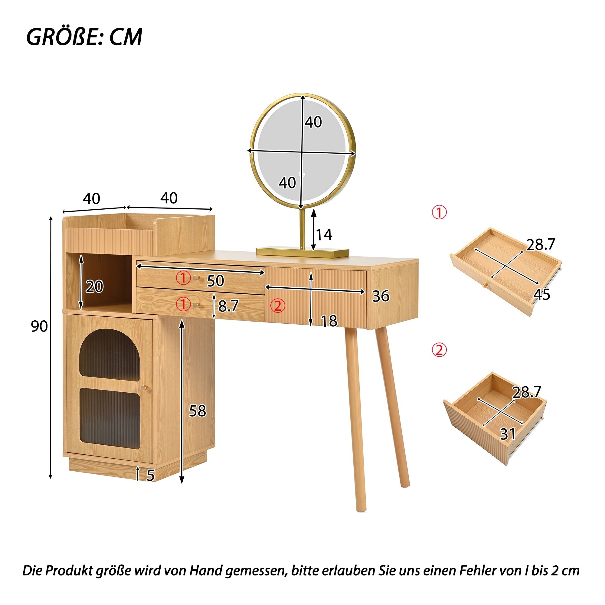 Dressing table set, cosmetic table with LED mirror and 3-color lighting, wooden