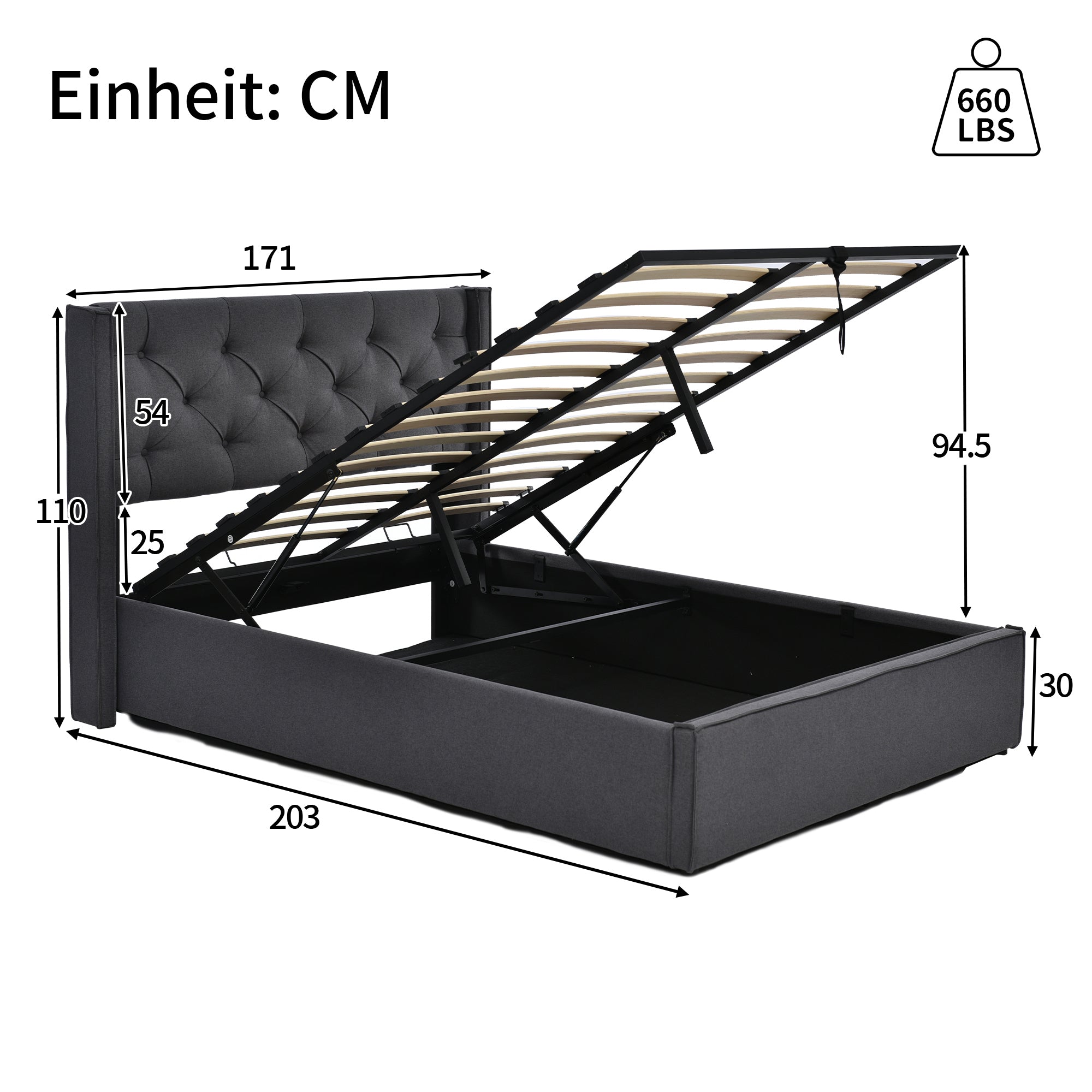 Hydraulic Upholstered Double Bed, 160x200cm, Metal Slatted Frame with Storage, Grey Cotton