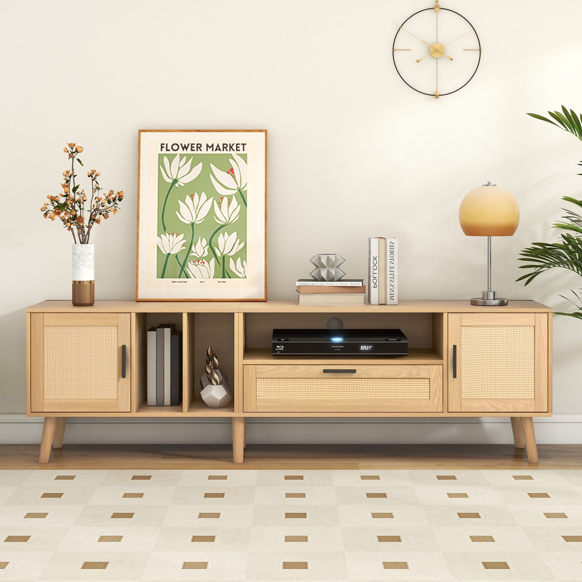 TV Cabinet, 180cm Rattan with 2 Doors & 1 Drawer, Solid Wood